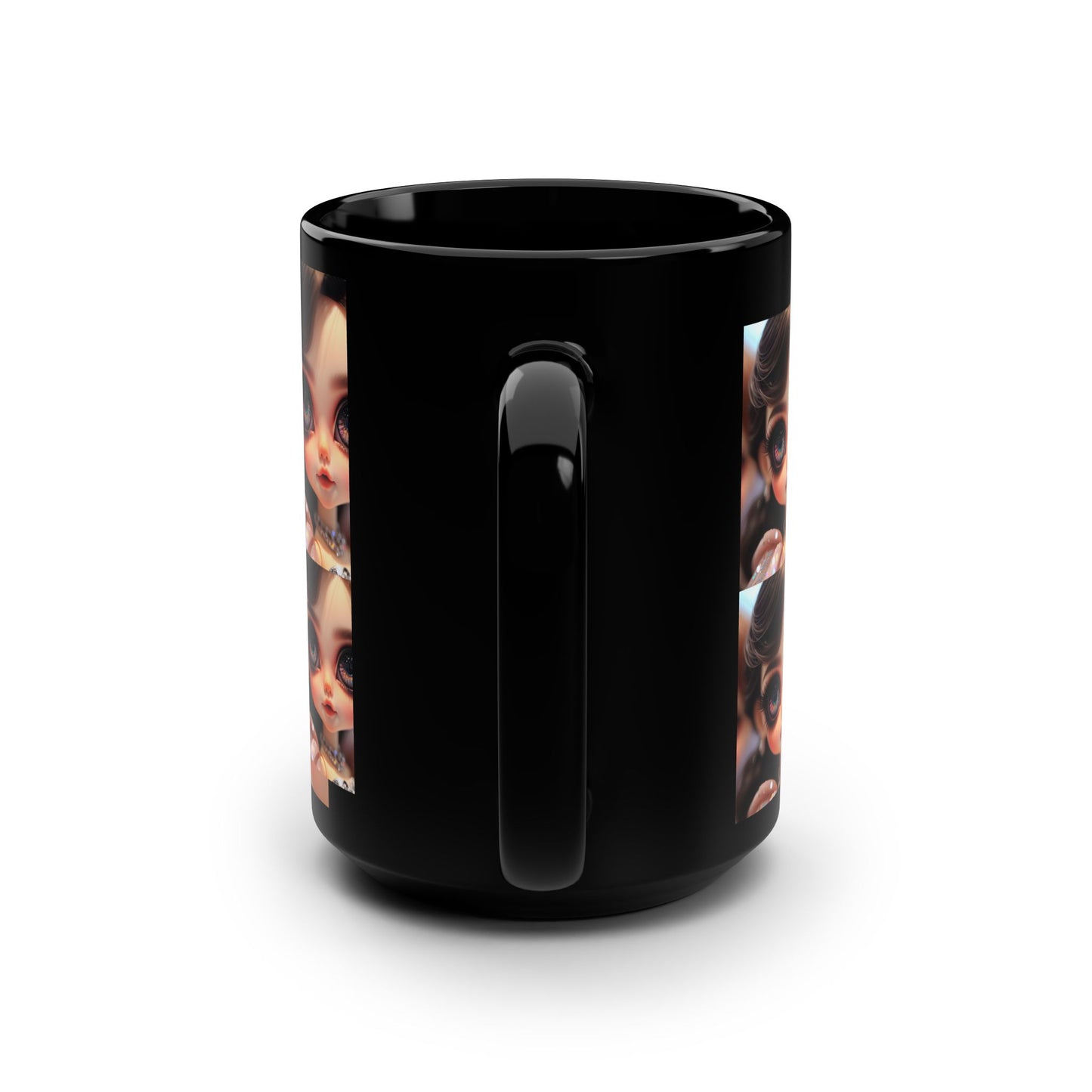 Artistic Doll Face Black Mug, Whimsical Coffee Cup, Unique Gift for Doll Collectors, Fantasy Decor, Charming Tea Mug
