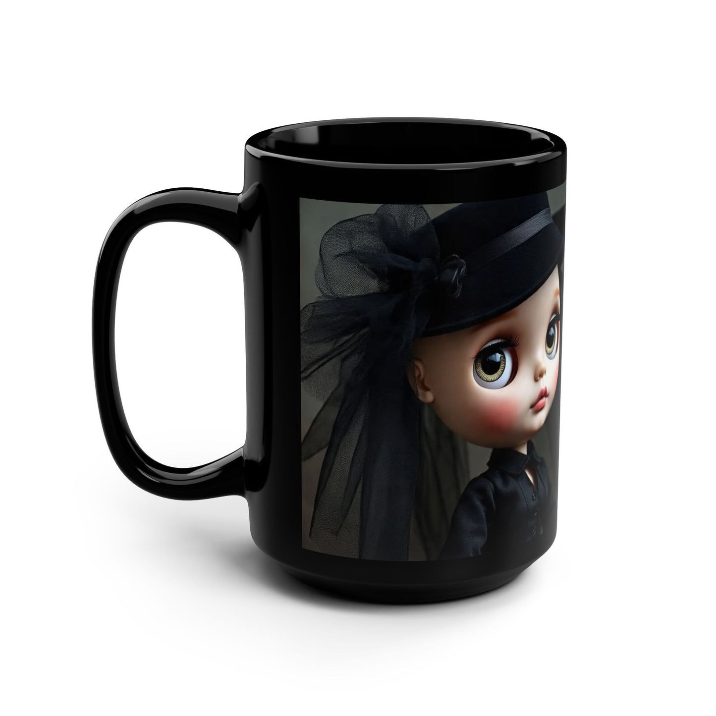 Gothic Doll Black Mug, 15oz Coffee Cup, Perfect for Gifting, Home Decor, Halloween, Witchy Gift, Unique Collectible