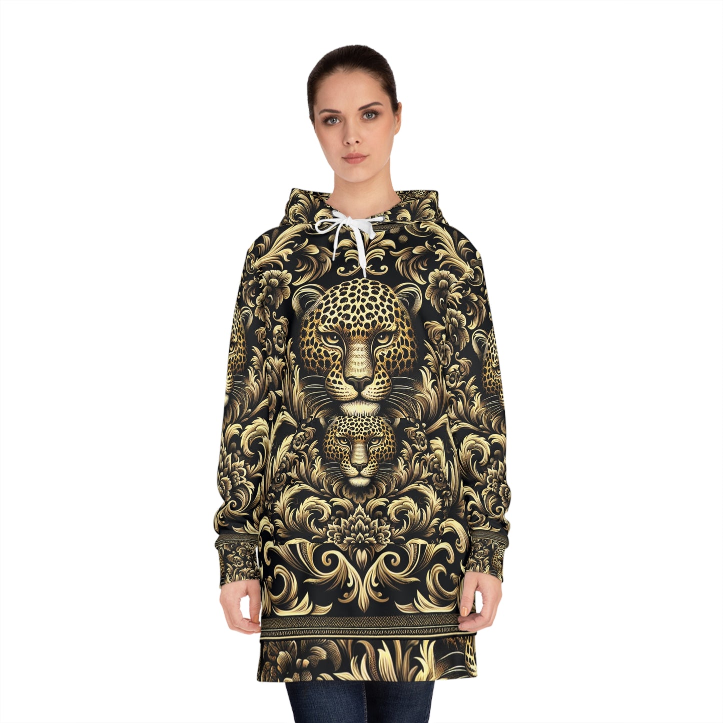 Baroque Leopard Print Hoodie Dress — Gold Ornate Animal Pattern