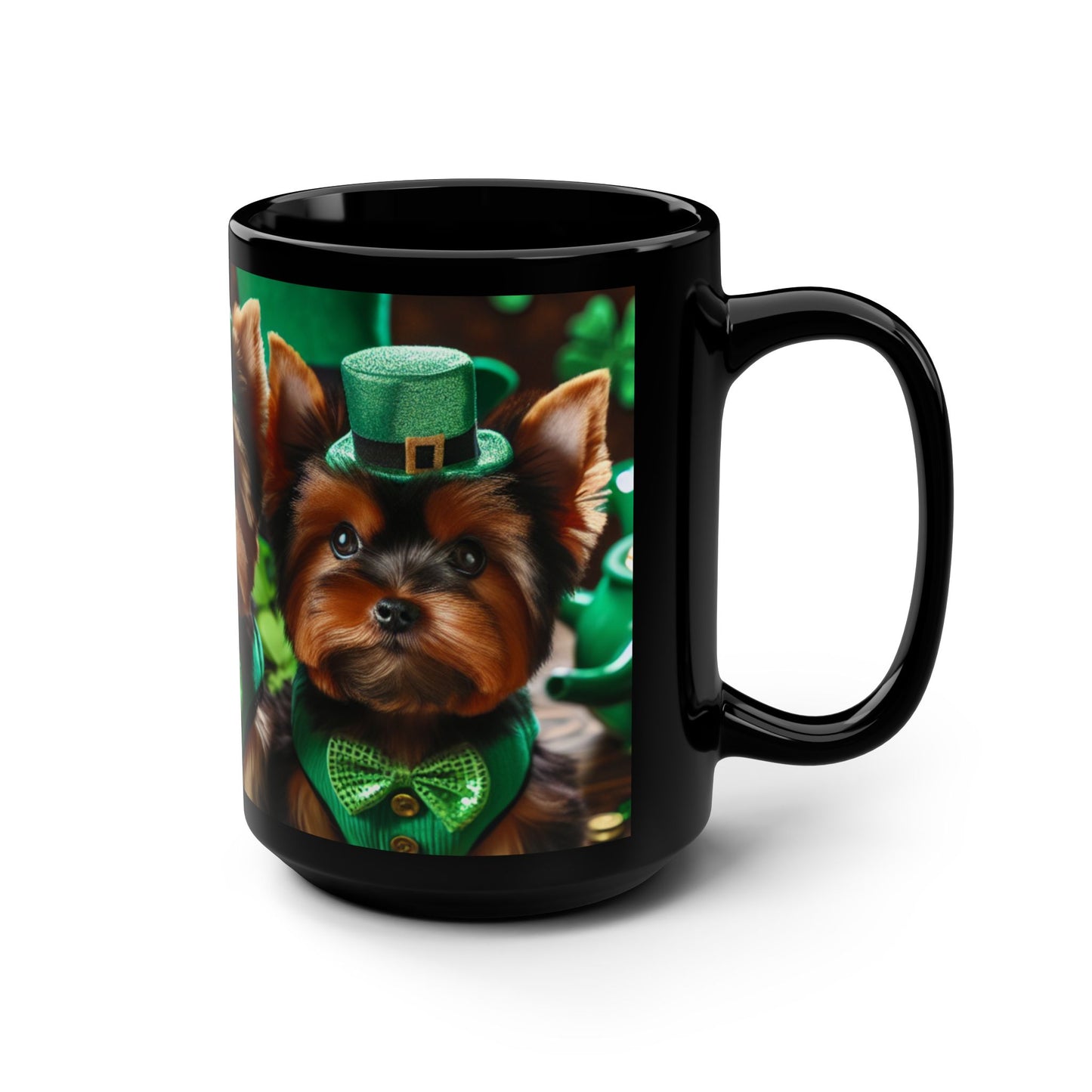 Yorkies🐾 St.Patricks Day☘️Black Mug, 15oz