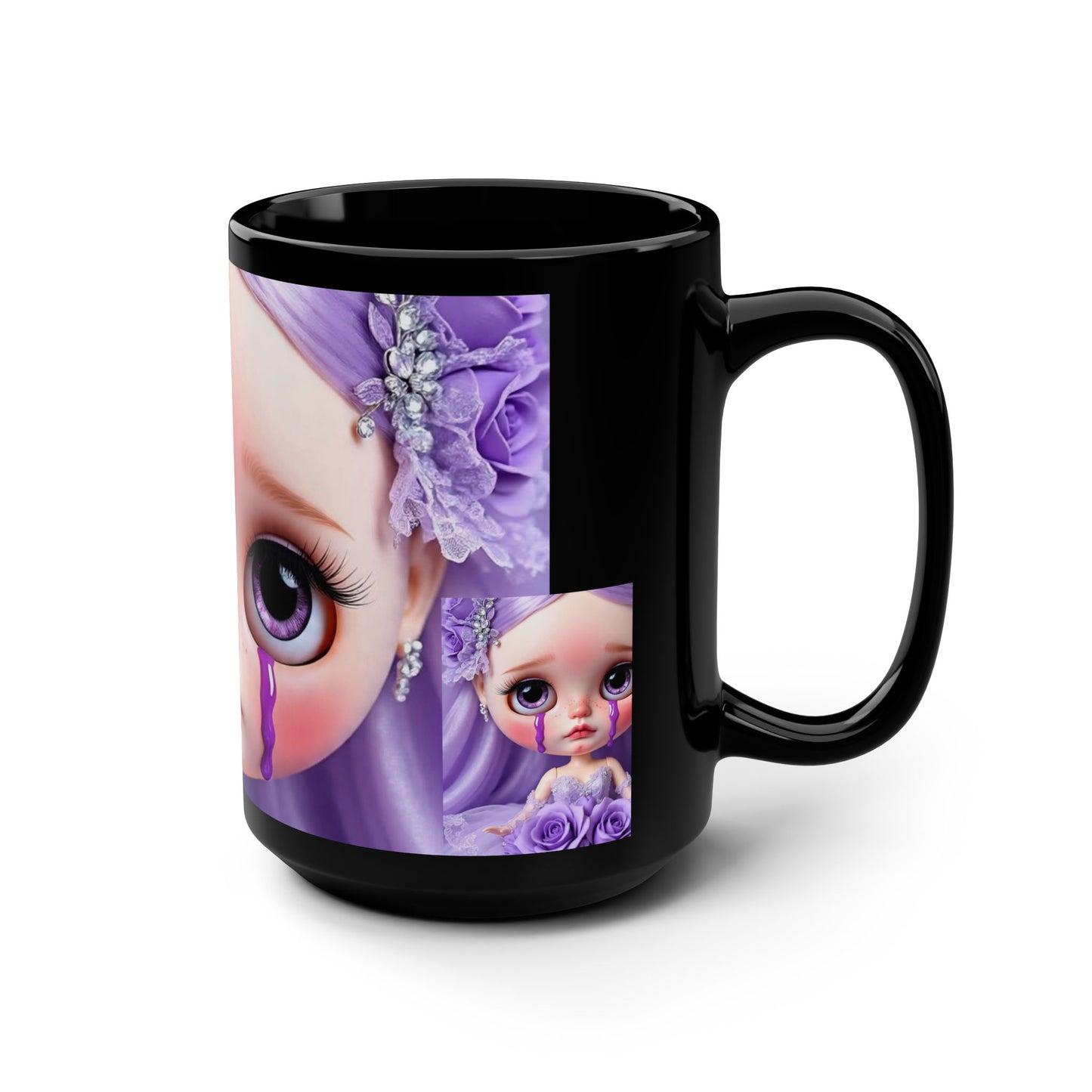 Crying Doll Black Mug - 15oz, Cute Coffee Cup, Gift for Doll Lovers, Unique Mug for Collectors, Birthday or Holiday Gift, Purple Art Mug