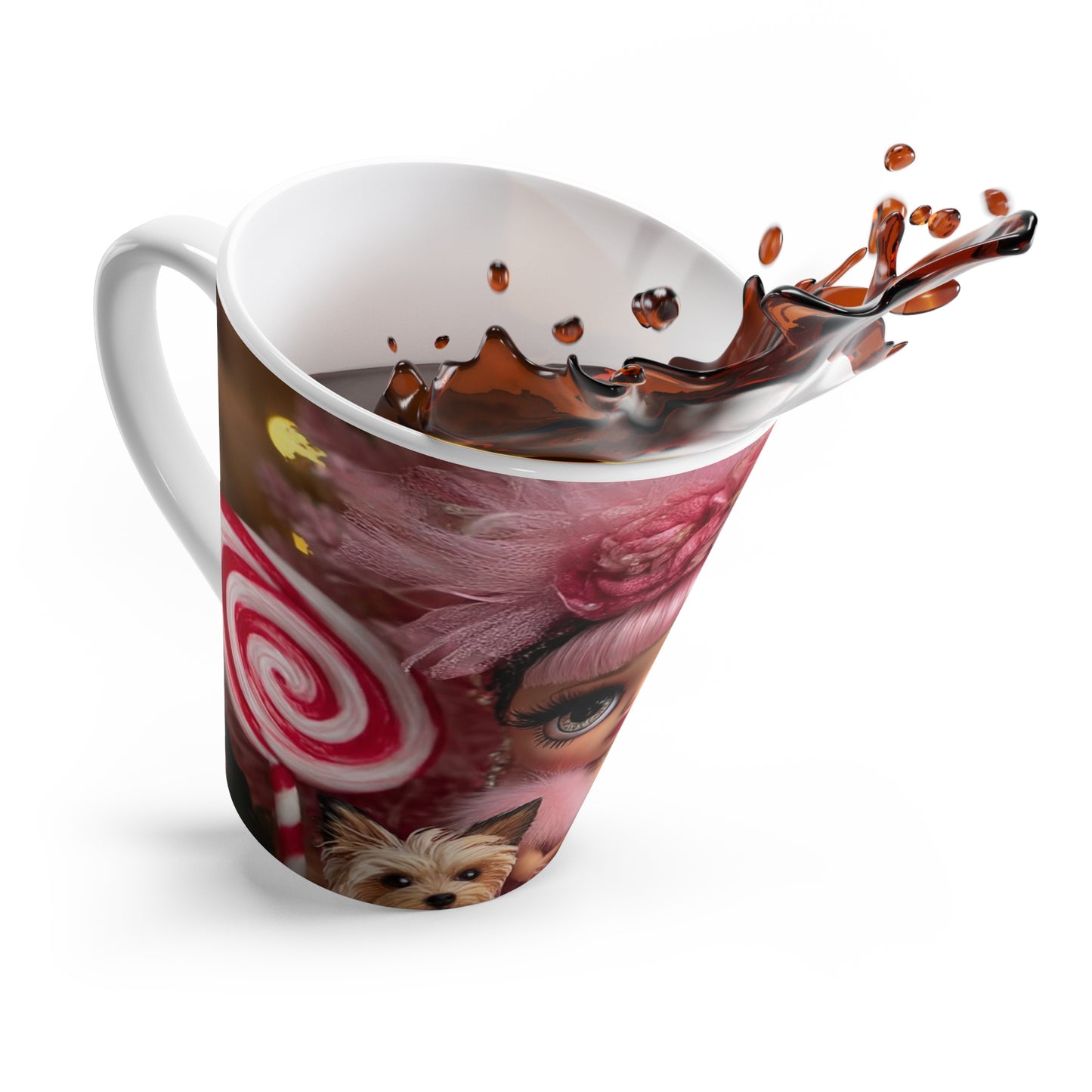 Latte Mug — Pink Doll Art Latte Mug with Lollipop & Puppy Illustration