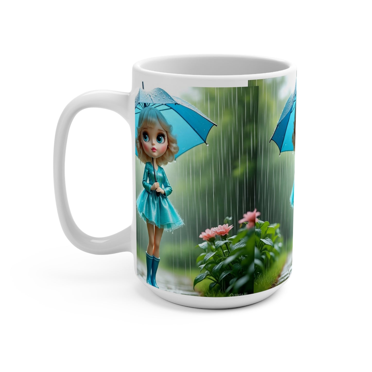 Whimsical Rainy Day Mug, Cute Doll Cup, 15oz Drinking Vessel, Perfect Gift for Rain Lovers, Cozy Vintage Style, Tea Coffee Lover's Must-Have