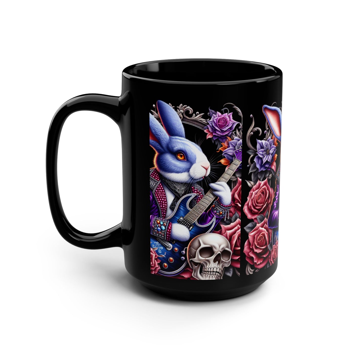 Rockstar Rabbit 15oz Black Mug - Gothic Floral Design for Music Lovers