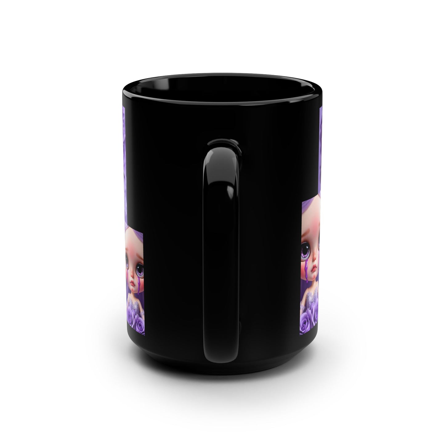 Crying Doll Black Mug - 15oz, Cute Coffee Cup, Gift for Doll Lovers, Unique Mug for Collectors, Birthday or Holiday Gift, Purple Art Mug