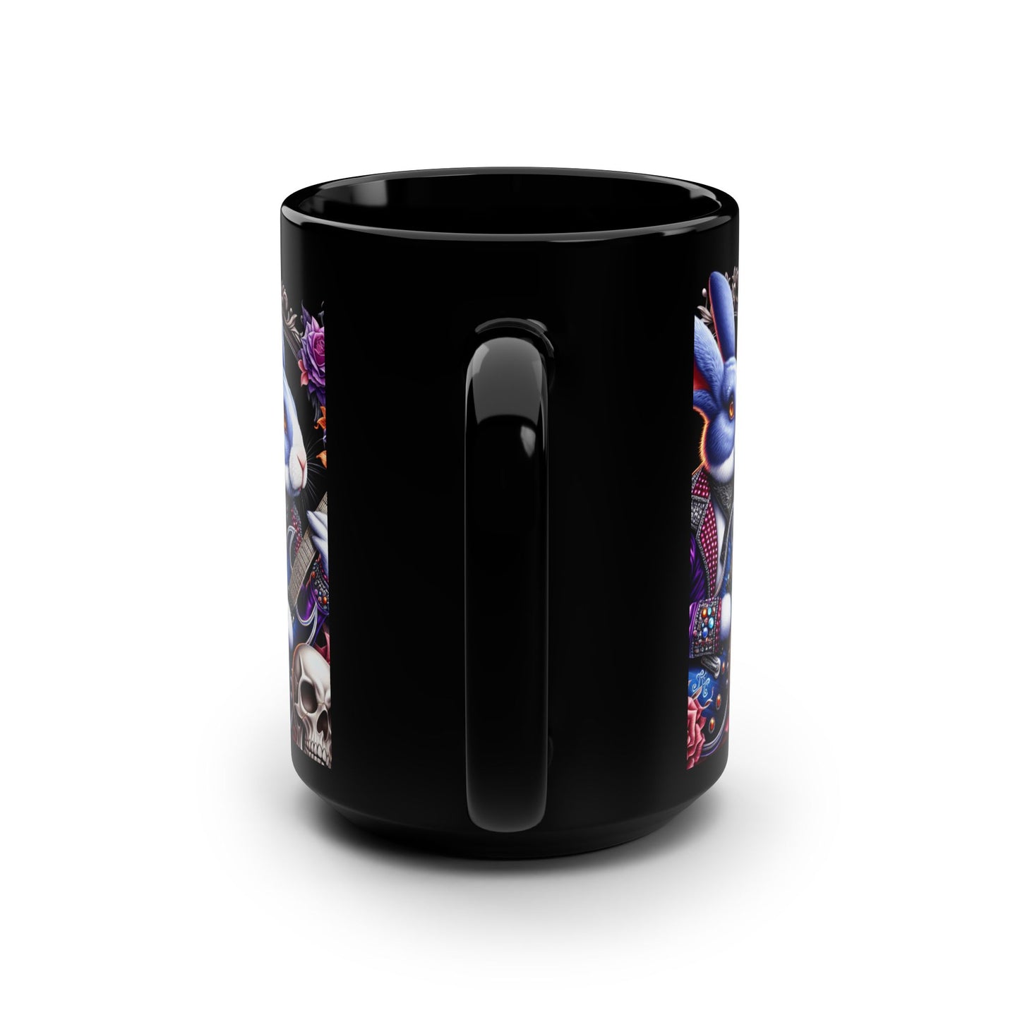 Rockstar Rabbit 15oz Black Mug - Gothic Floral Design for Music Lovers