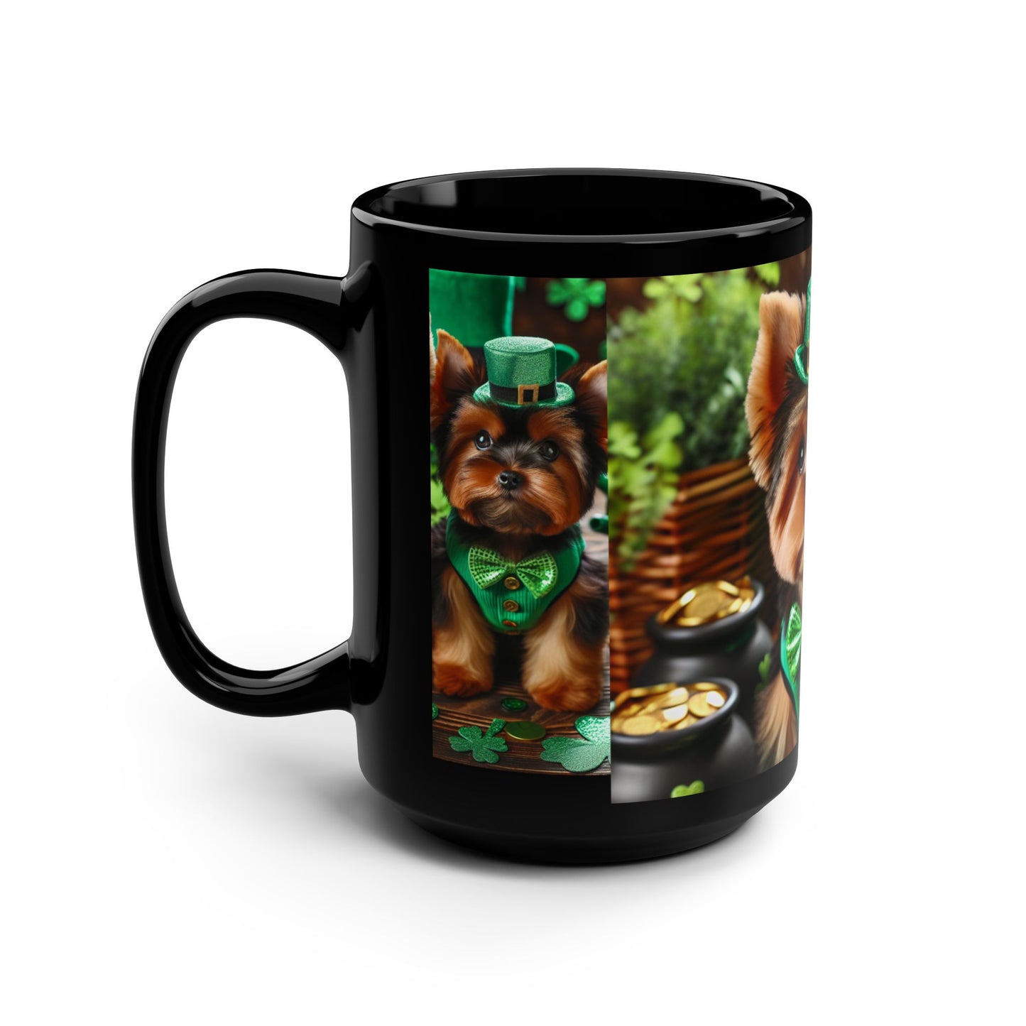 Yorkies🐾 St.Patricks Day☘️Black Mug, 15oz