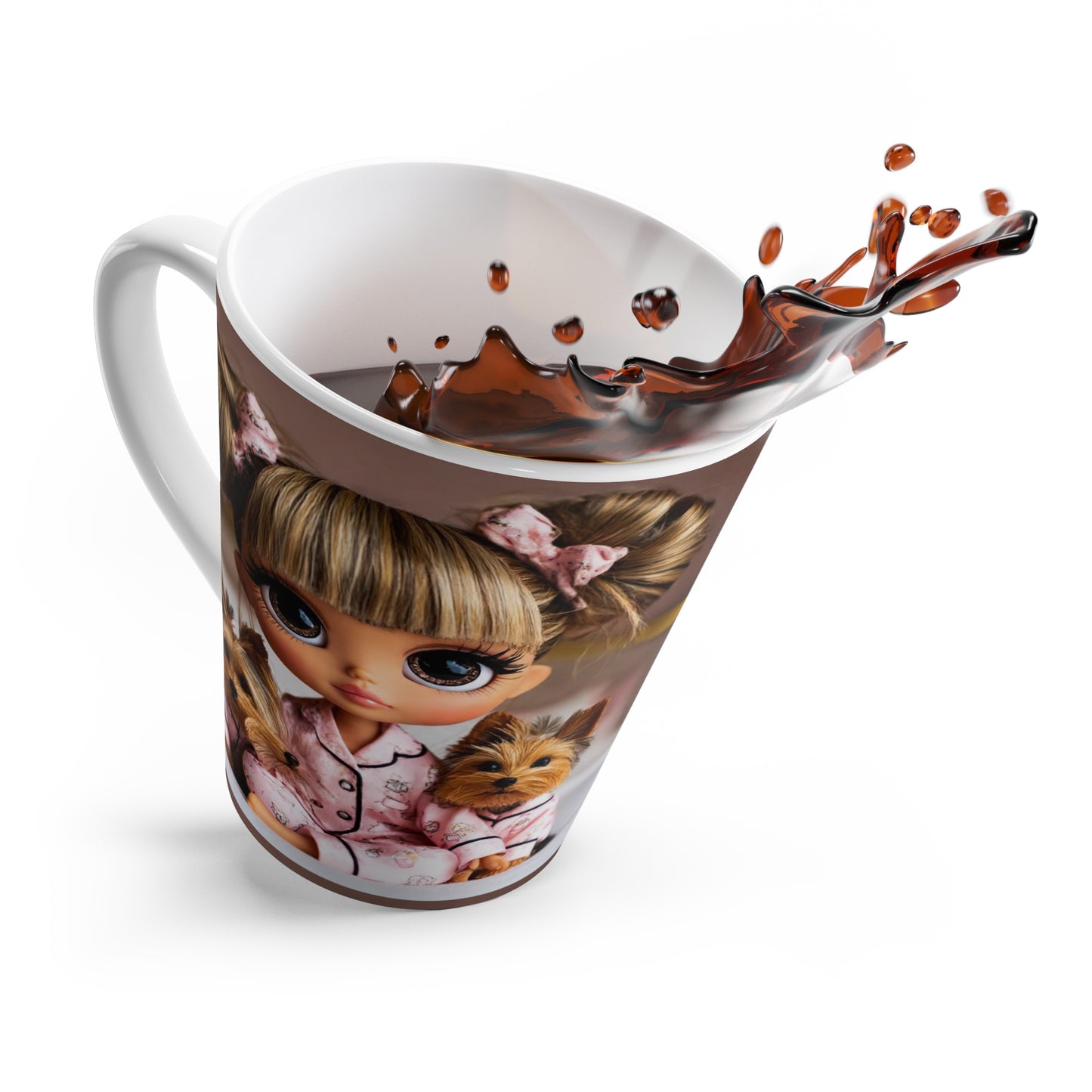 Cute Pajama Girl & Yorkshire Terriers Latte Mug — Cozy Night In Coffee Cup