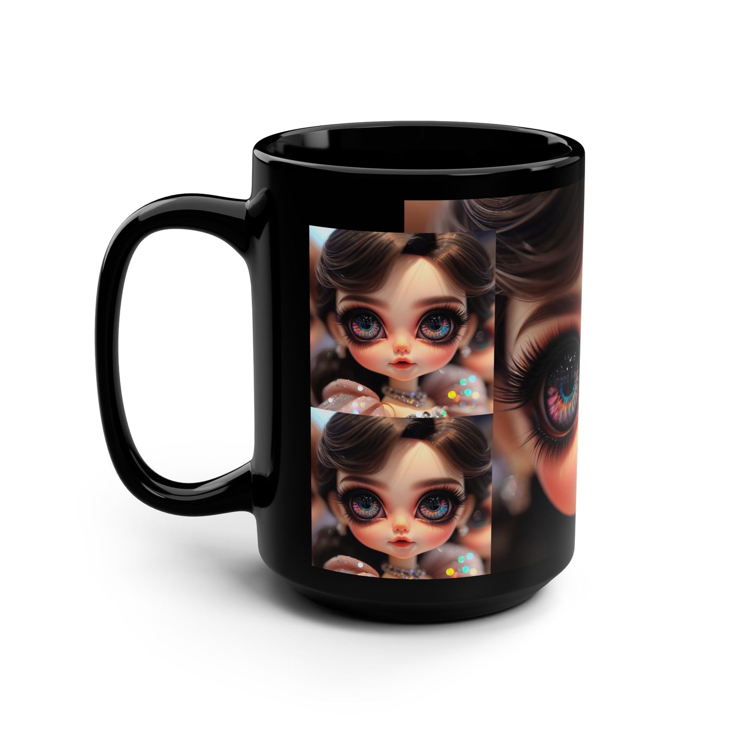 Artistic Doll Face Black Mug, Whimsical Coffee Cup, Unique Gift for Doll Collectors, Fantasy Decor, Charming Tea Mug