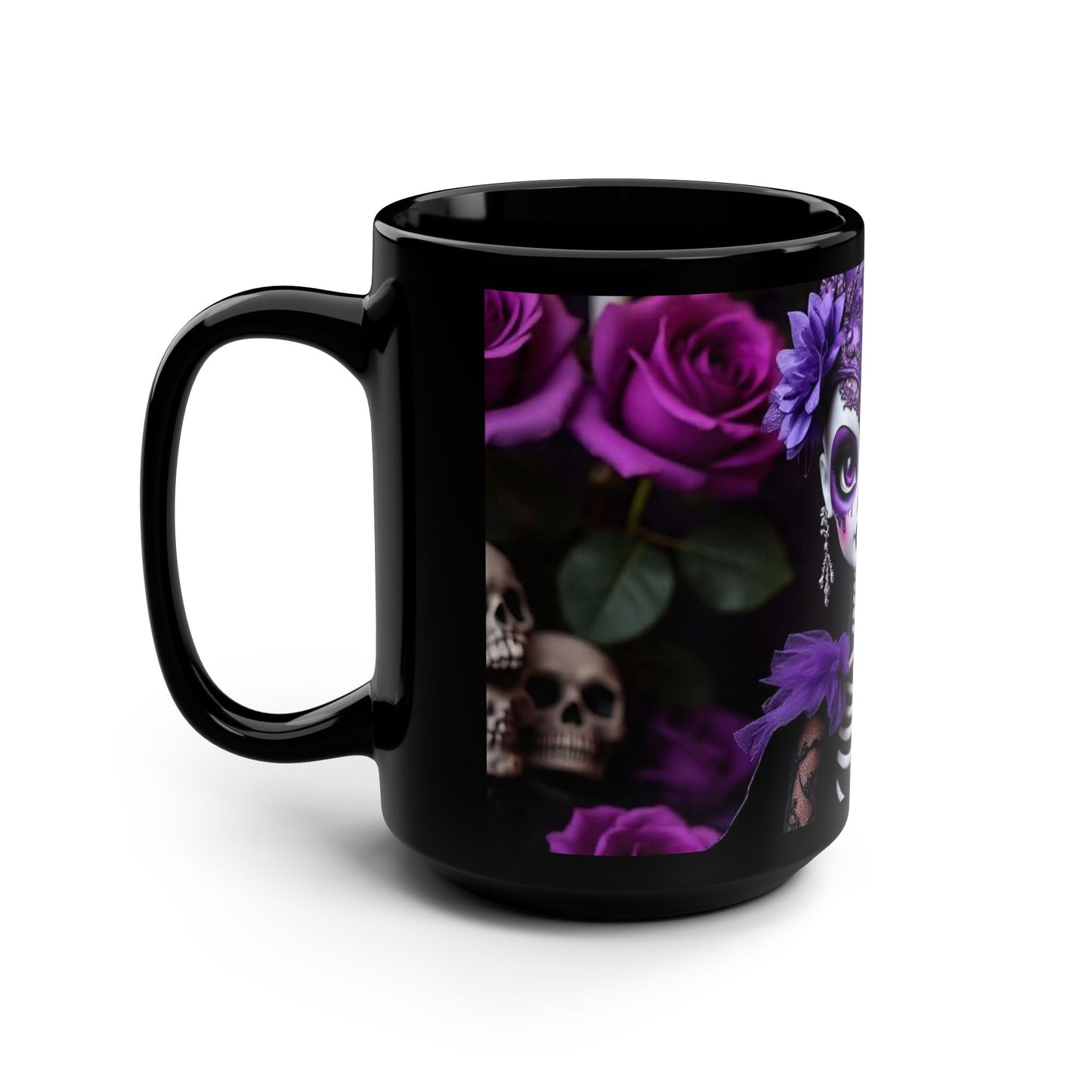Gothic Floral Black Mug, 15oz Coffee Cup with Day of the Dead Design, Perfect Gift for Halloween, Pet Lovers, and Home Decor