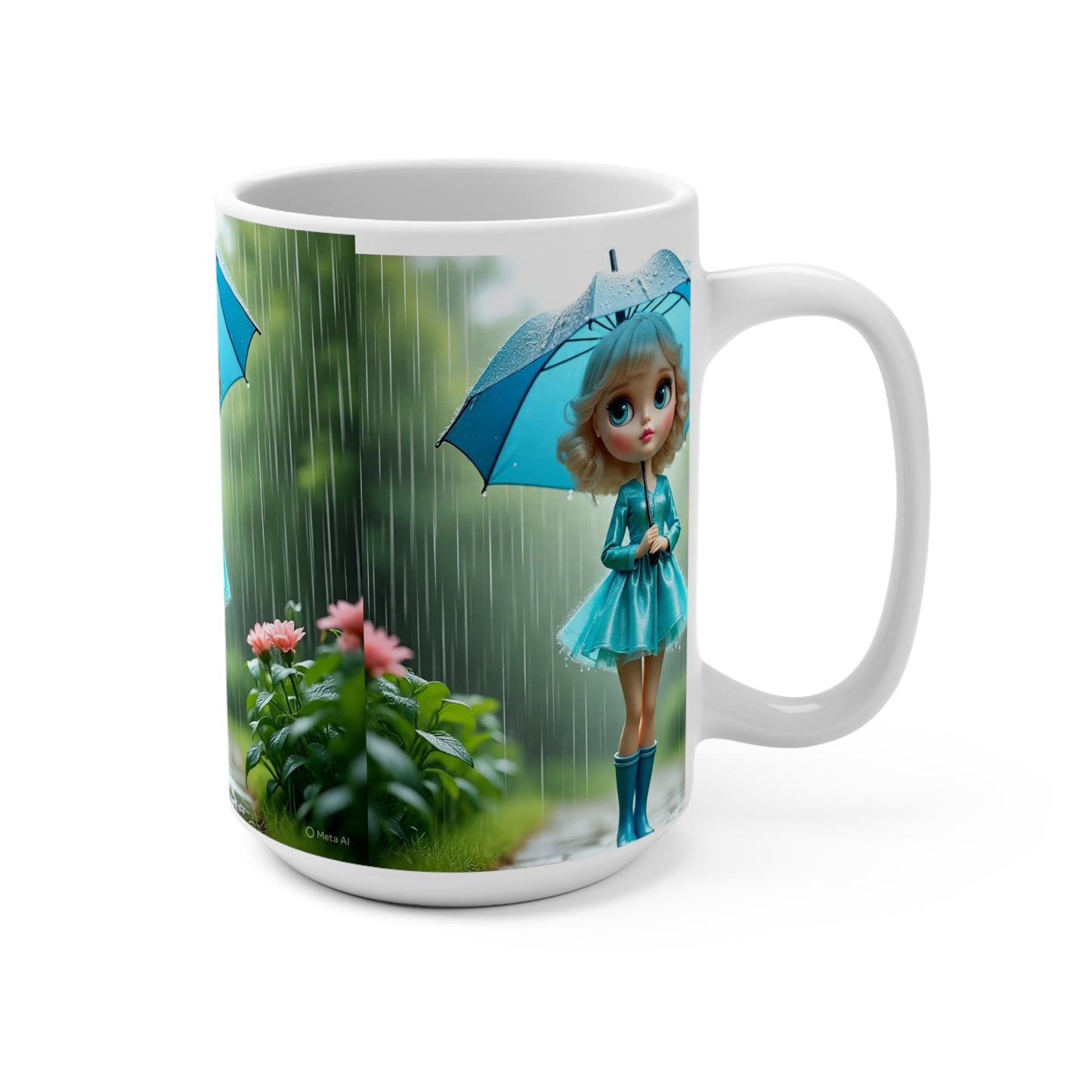 Whimsical Rainy Day Mug, Cute Doll Cup, 15oz Drinking Vessel, Perfect Gift for Rain Lovers, Cozy Vintage Style, Tea Coffee Lover's Must-Have