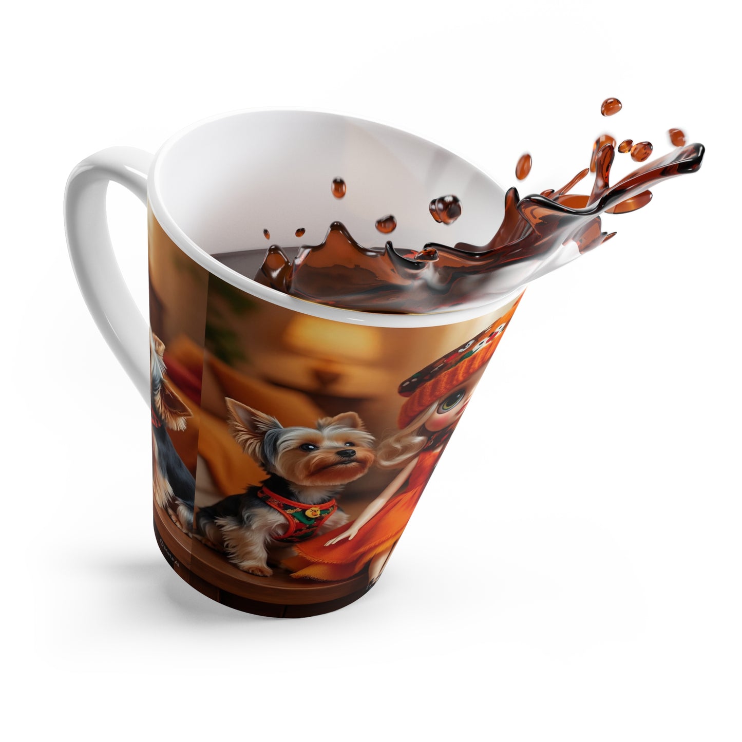 Latte Mug - Super Cute Thanksgiving Doll and Yorkshire Terriers Print