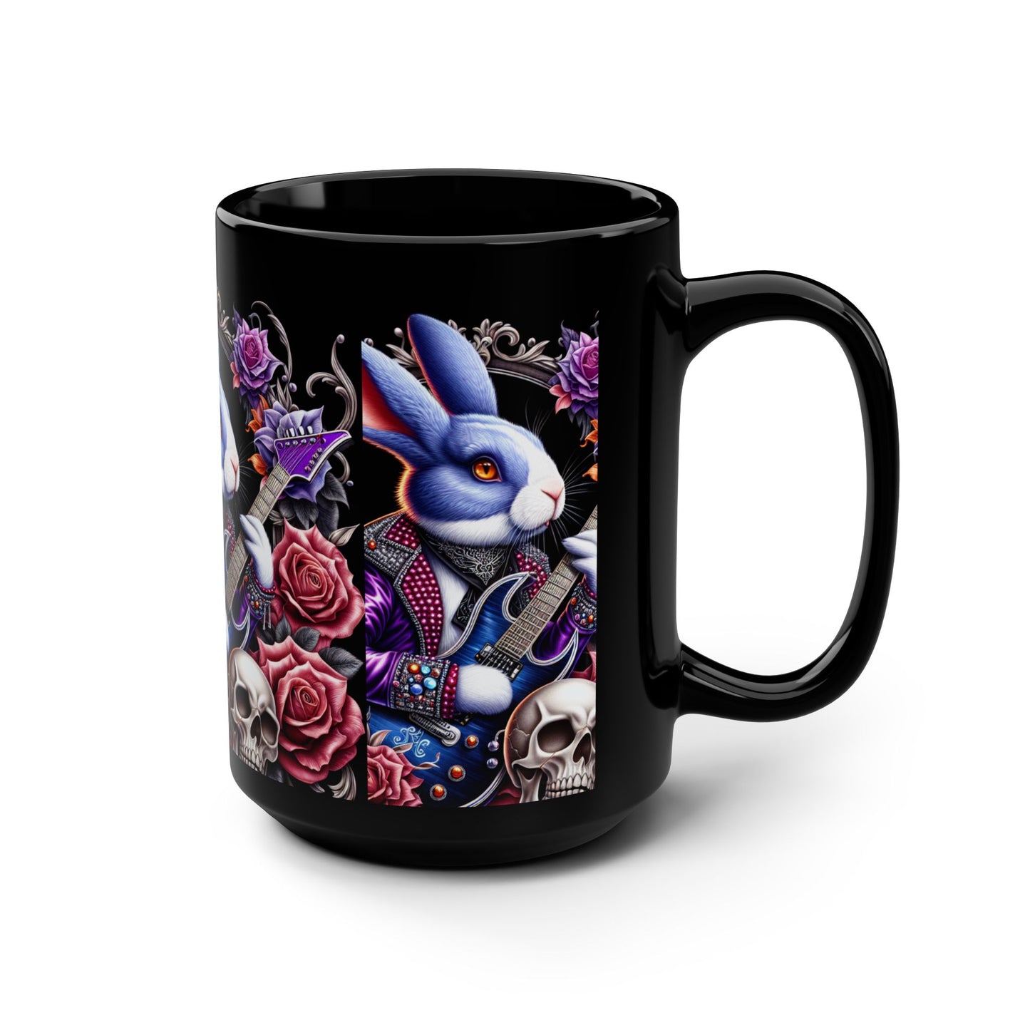 Rockstar Rabbit 15oz Black Mug - Gothic Floral Design for Music Lovers