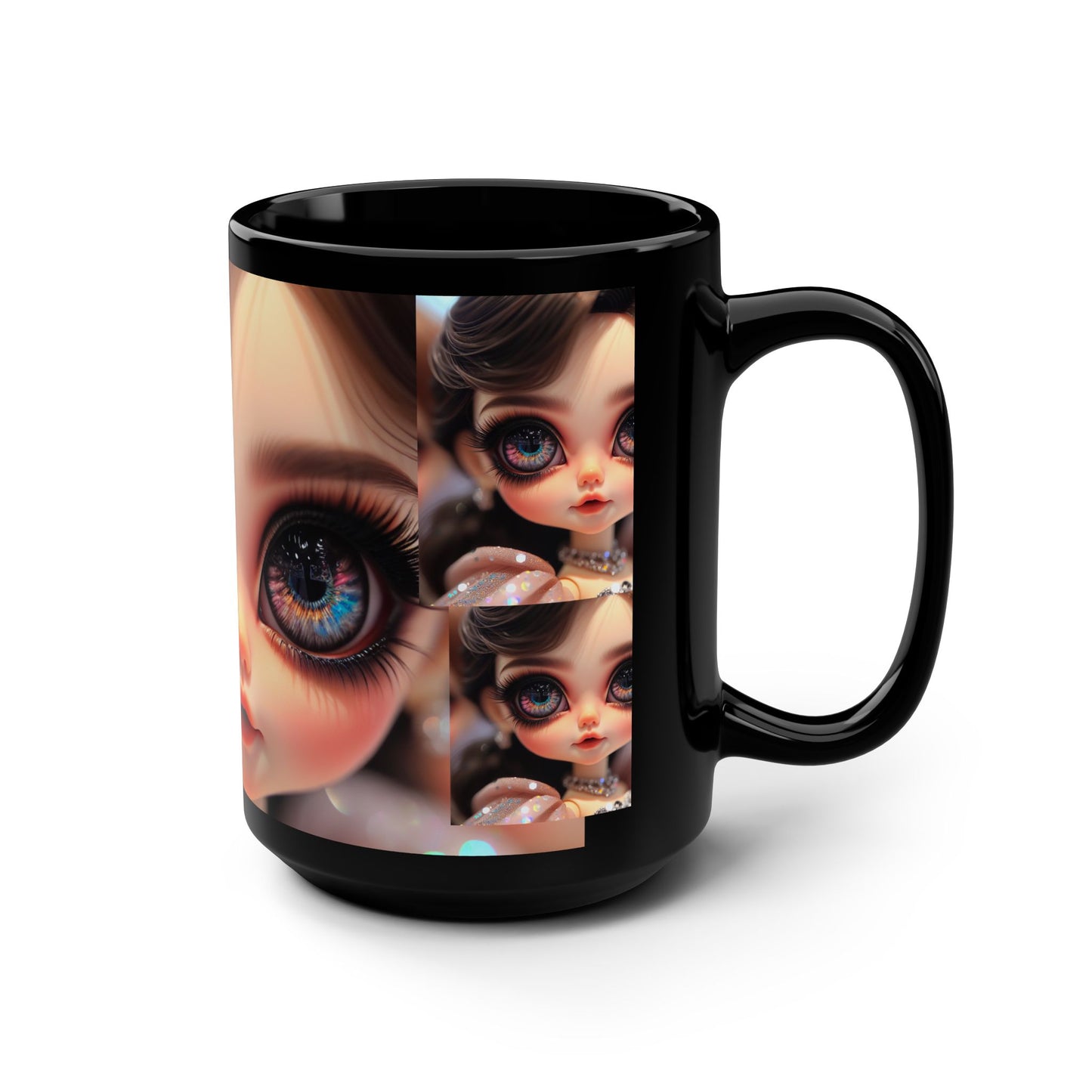 Artistic Doll Face Black Mug, Whimsical Coffee Cup, Unique Gift for Doll Collectors, Fantasy Decor, Charming Tea Mug