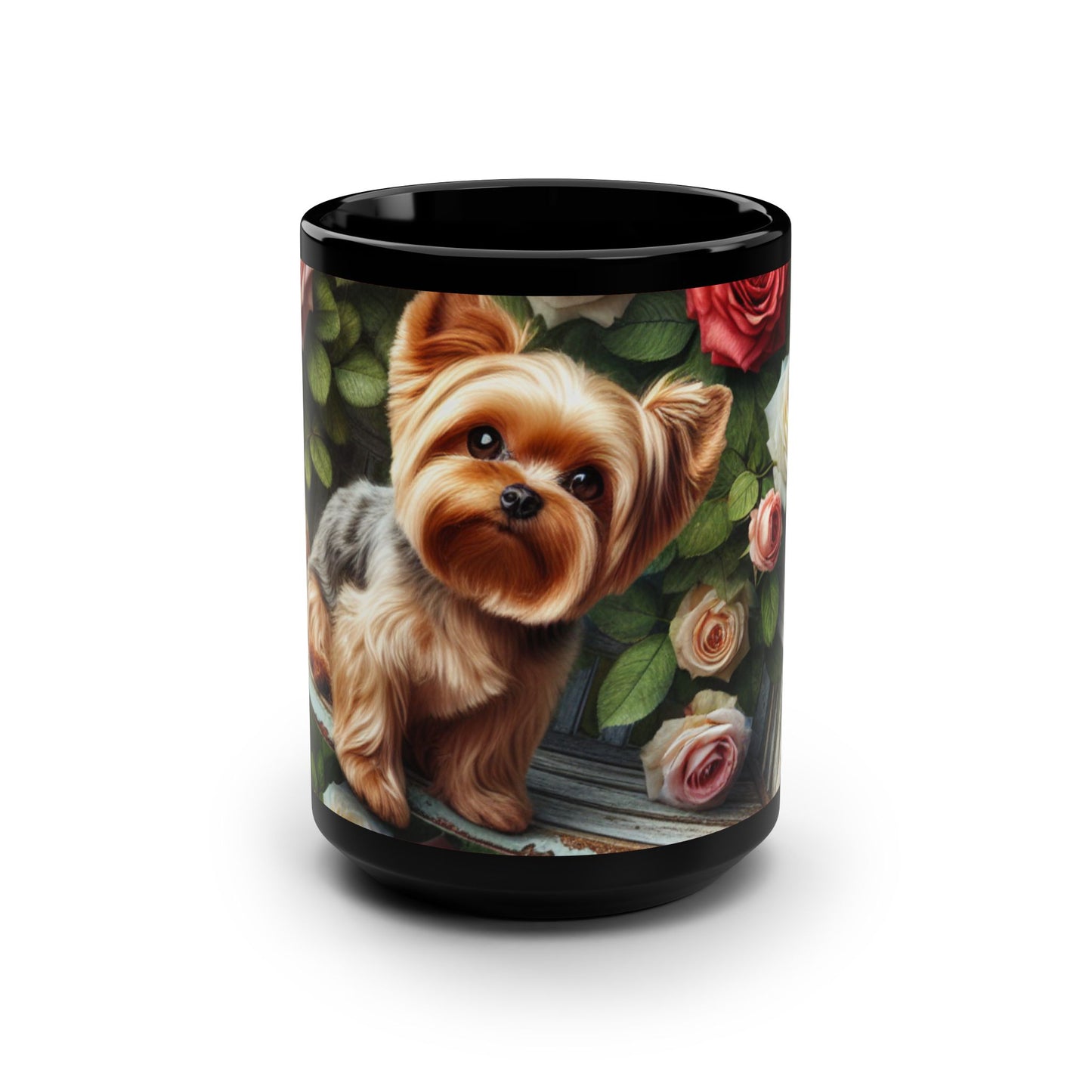 Cute Yorkie 🐾🐾🌹Black Mug, 15oz