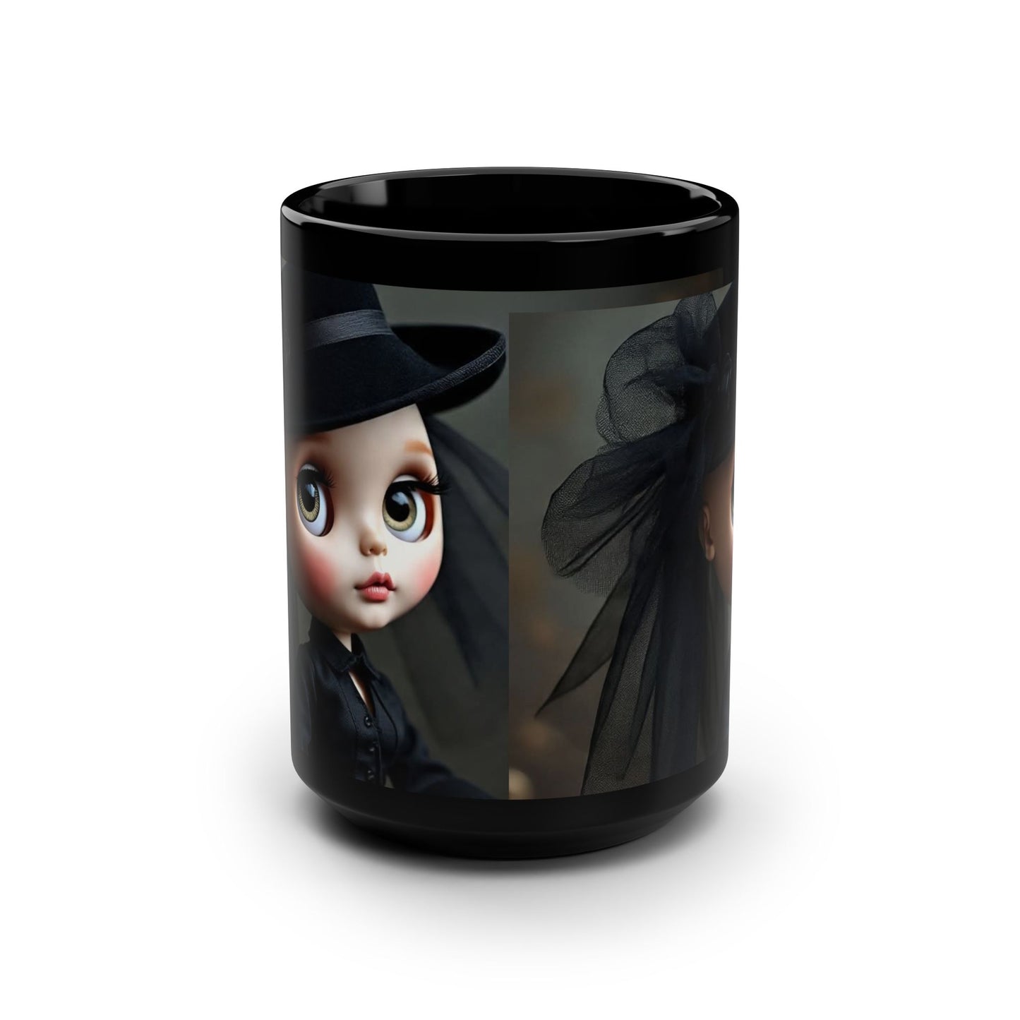 Gothic Doll Black Mug, 15oz Coffee Cup, Perfect for Gifting, Home Decor, Halloween, Witchy Gift, Unique Collectible