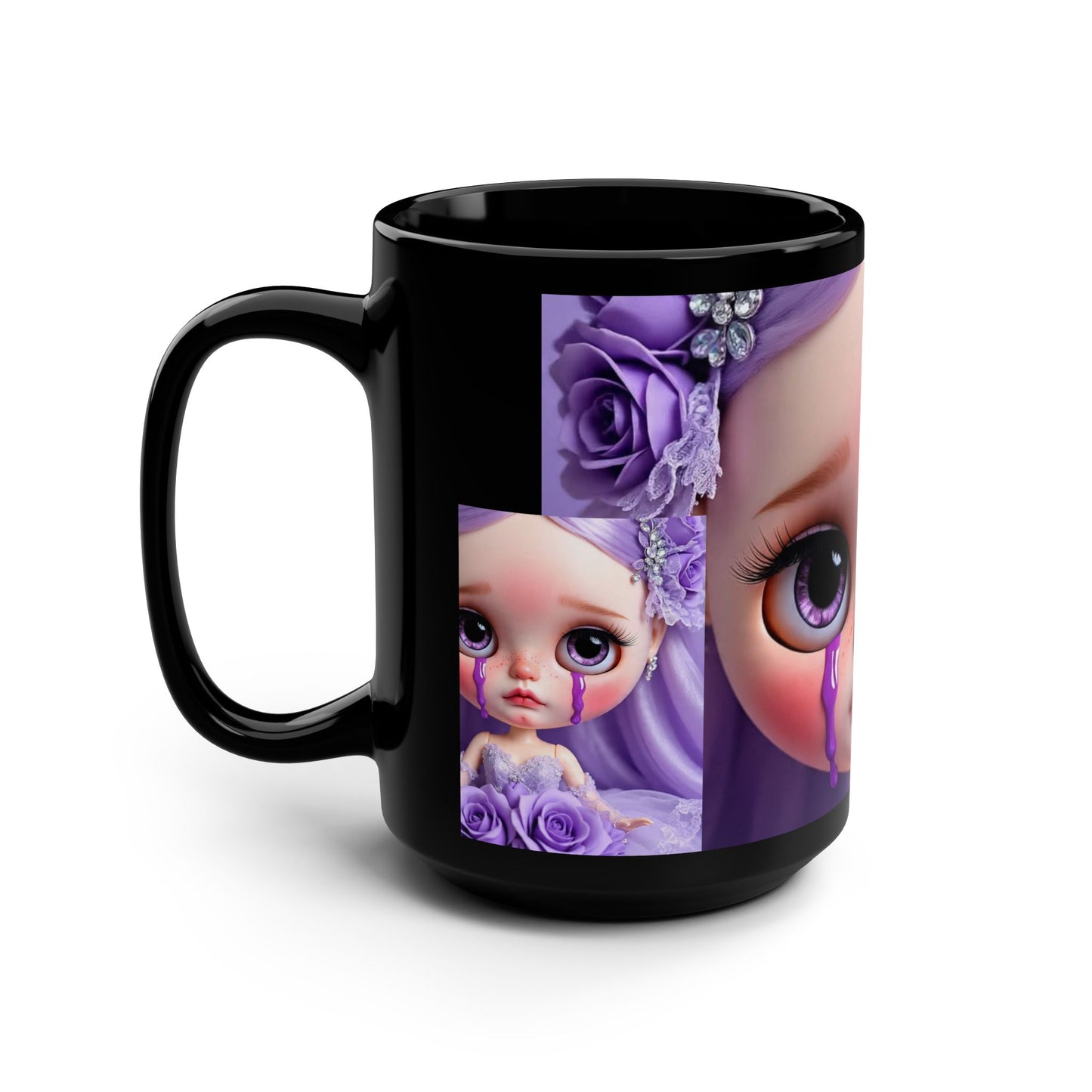 Crying Doll Black Mug - 15oz, Cute Coffee Cup, Gift for Doll Lovers, Unique Mug for Collectors, Birthday or Holiday Gift, Purple Art Mug