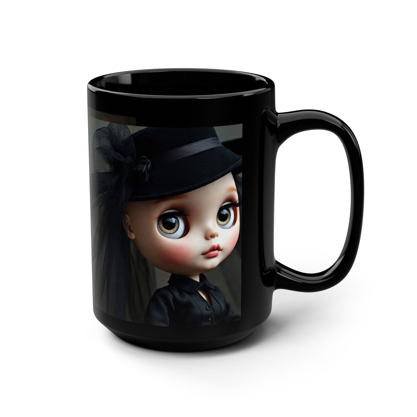 Gothic Doll Black Mug, 15oz Coffee Cup, Perfect for Gifting, Home Decor, Halloween, Witchy Gift, Unique Collectible
