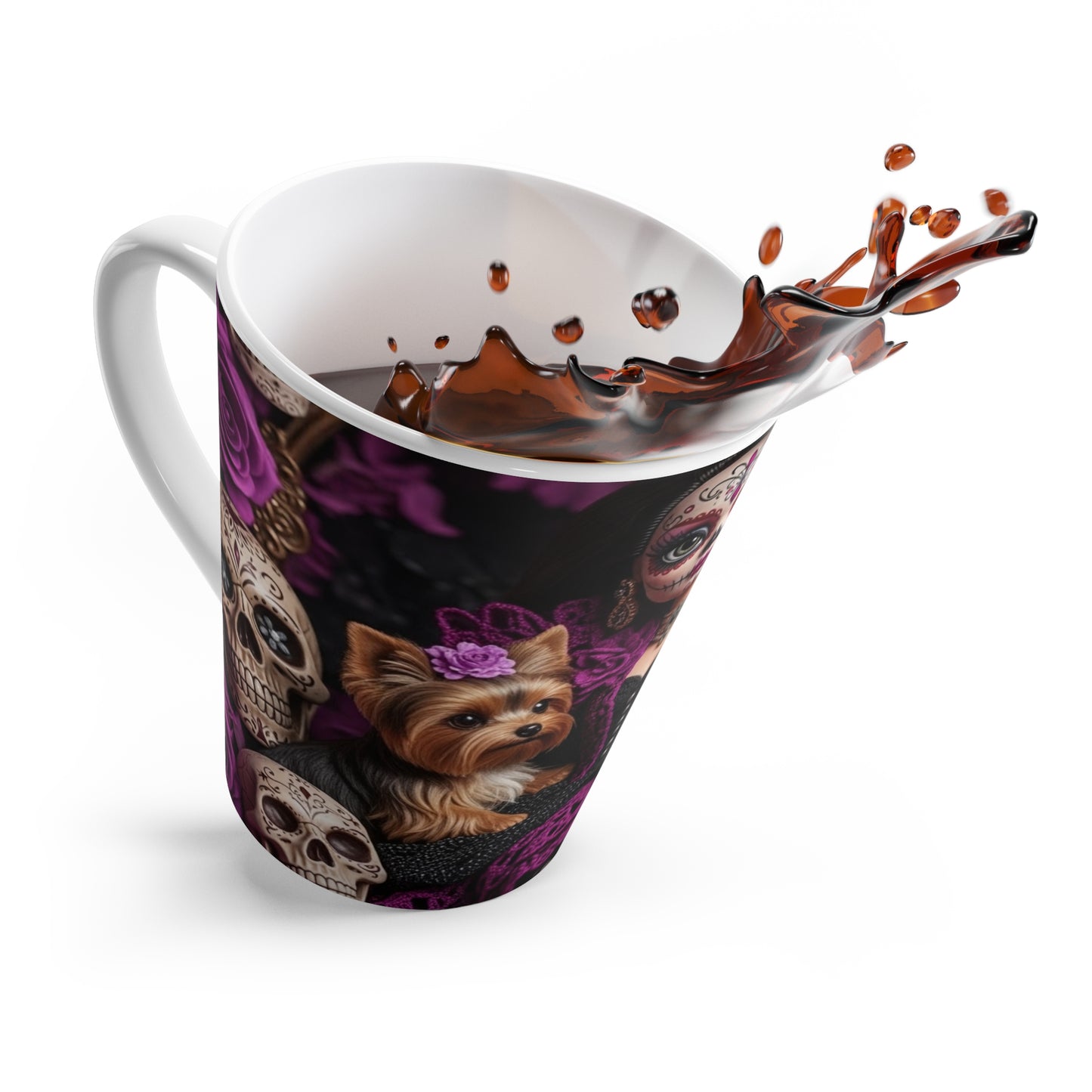 Day of the Dead Latte Mug — Sugar Skull Girl with Yorkies & Purple Roses