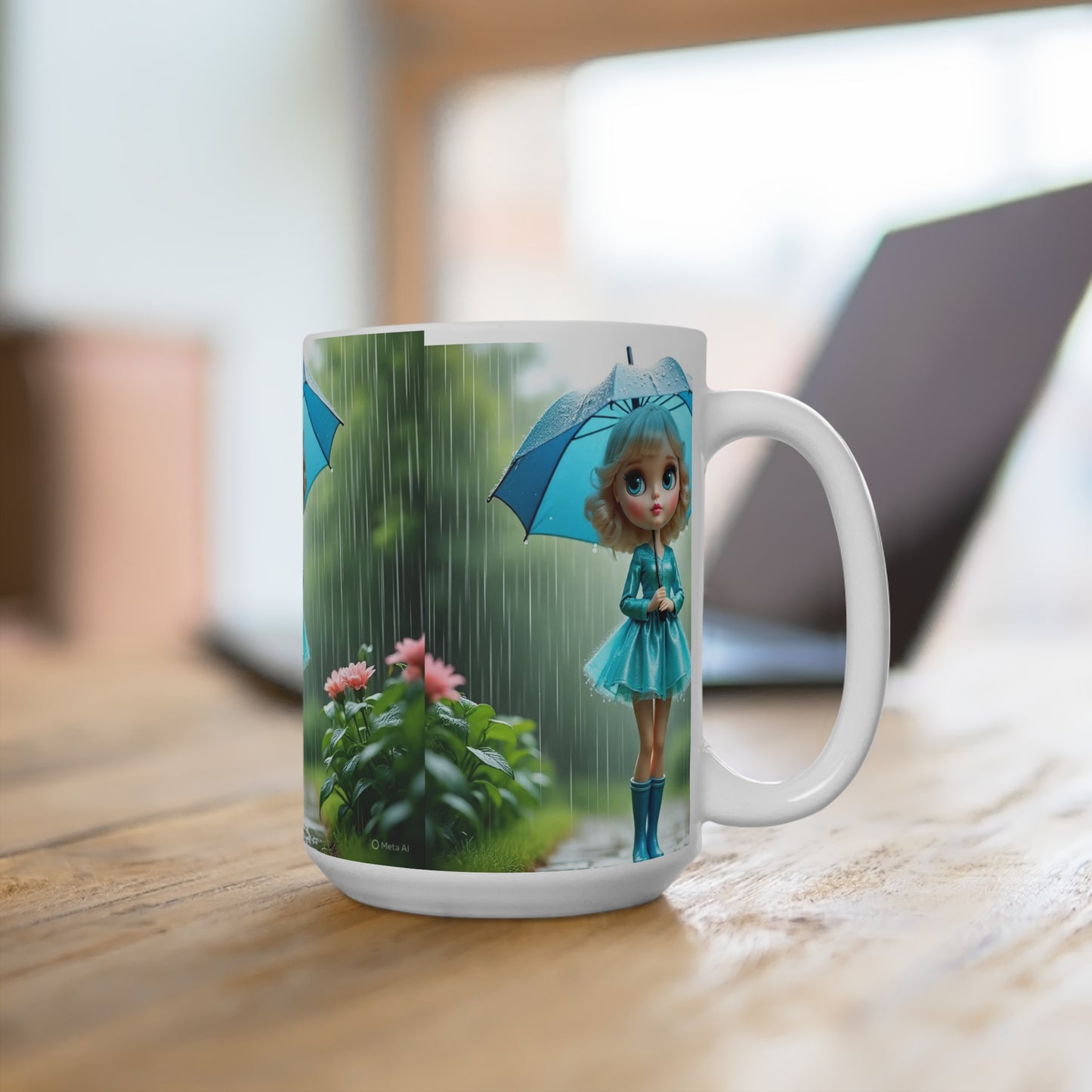 Whimsical Rainy Day Mug, Cute Doll Cup, 15oz Drinking Vessel, Perfect Gift for Rain Lovers, Cozy Vintage Style, Tea Coffee Lover's Must-Have