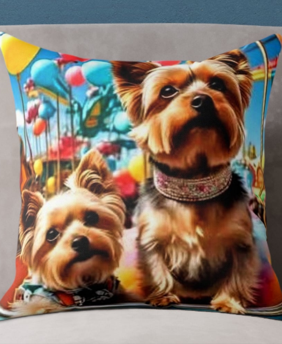 Poly Canvas Pillow - Super Cute Yorkies at the Fair