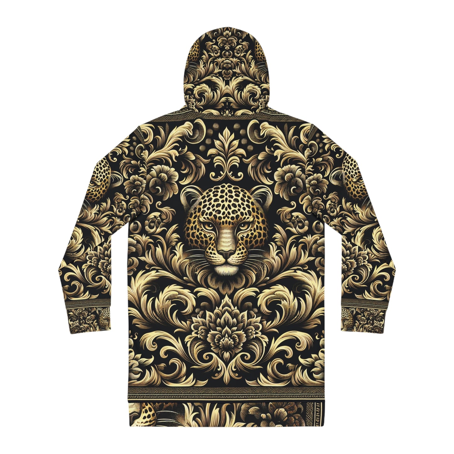 Baroque Leopard Print Hoodie Dress — Gold Ornate Animal Pattern