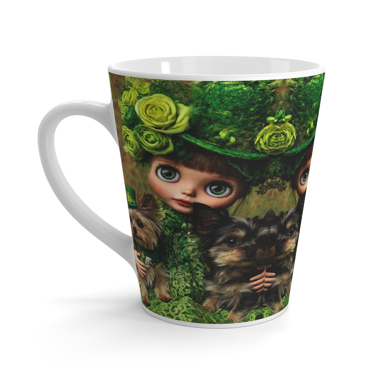 Blythe Doll in Green with Yorkies Latte Mug — Cute St. Patrick’s Day Coffee Cup