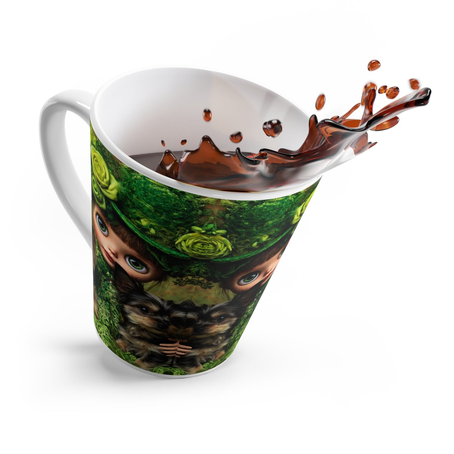 Blythe Doll in Green with Yorkies Latte Mug — Cute St. Patrick’s Day Coffee Cup