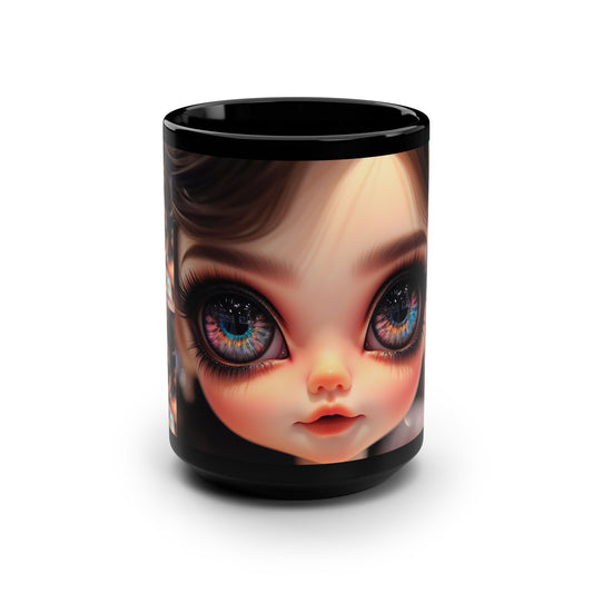 Artistic Doll Face Black Mug, Whimsical Coffee Cup, Unique Gift for Doll Collectors, Fantasy Decor, Charming Tea Mug