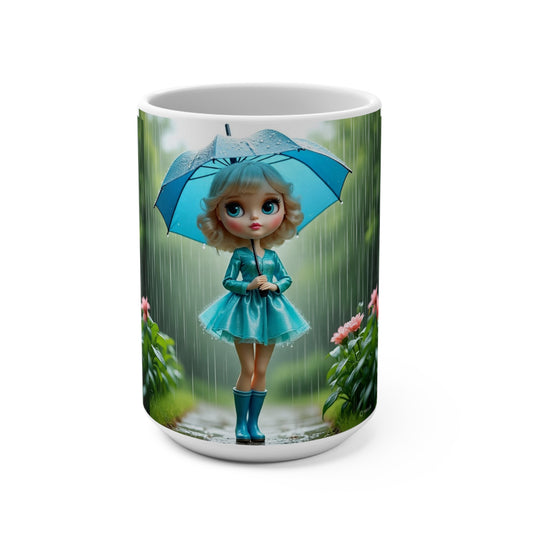 Whimsical Rainy Day Mug, Cute Doll Cup, 15oz Drinking Vessel, Perfect Gift for Rain Lovers, Cozy Vintage Style, Tea Coffee Lover's Must-Have