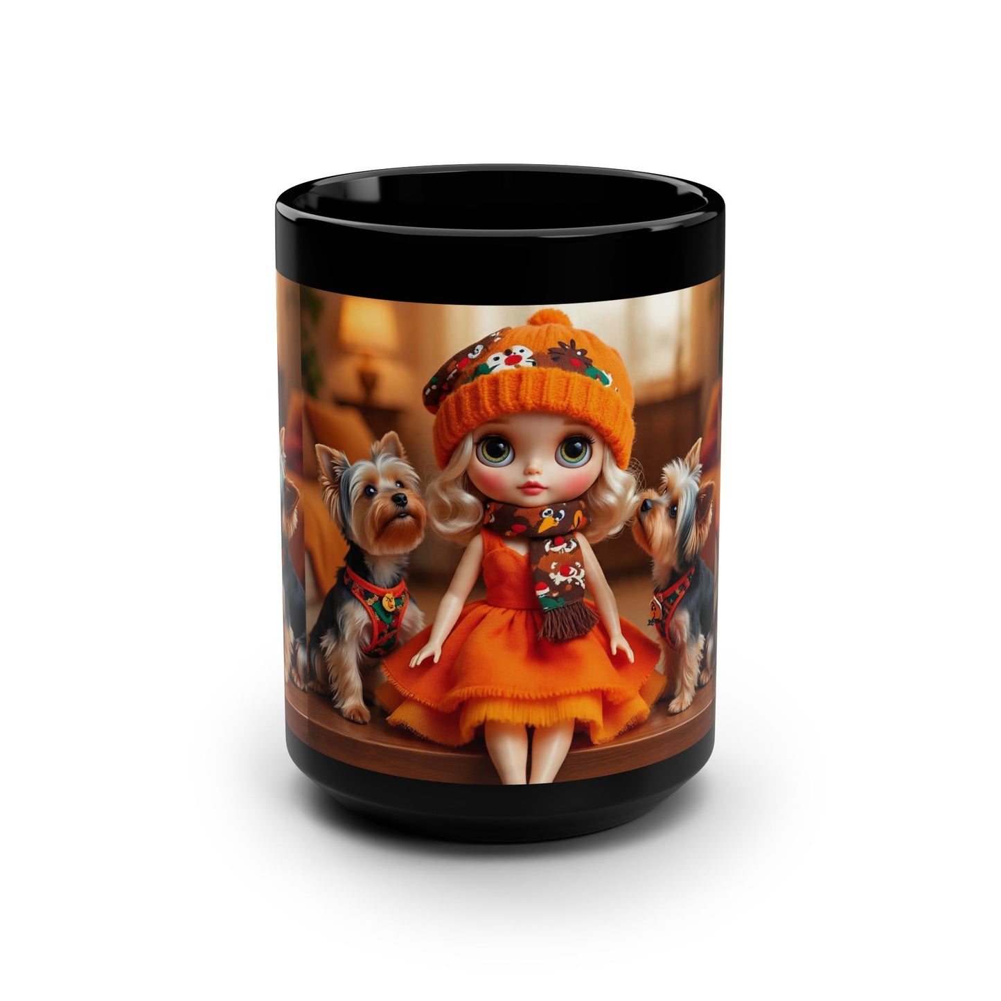 Cute Doll & Yorkies Black 15oz Mug — Cozy Autumn Pet Lover Coffee Cup