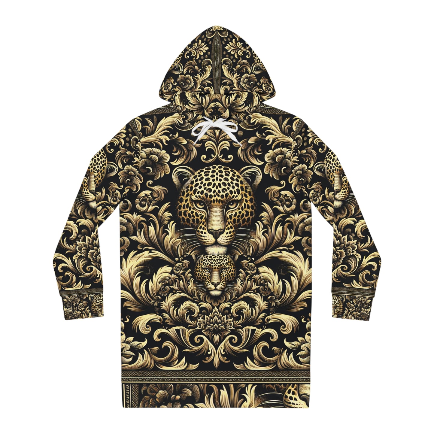 Baroque Leopard Print Hoodie Dress — Gold Ornate Animal Pattern