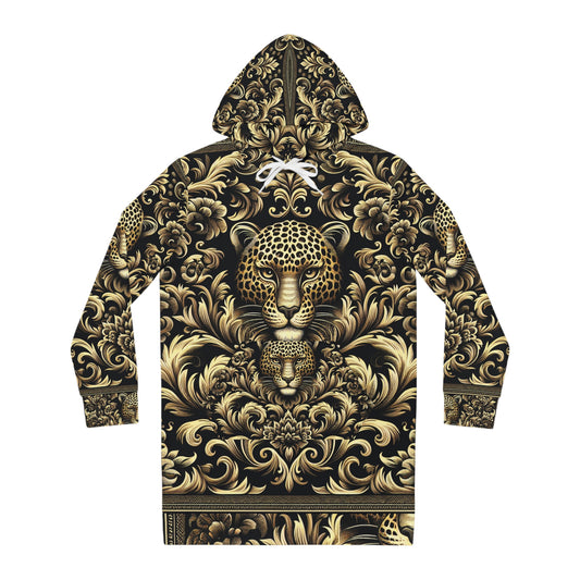 Baroque Leopard Print Hoodie Dress — Gold Ornate Animal Pattern