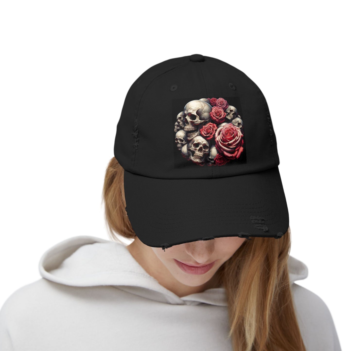 Pink Roses💕💀Skull💕Unisex Distressed Cap