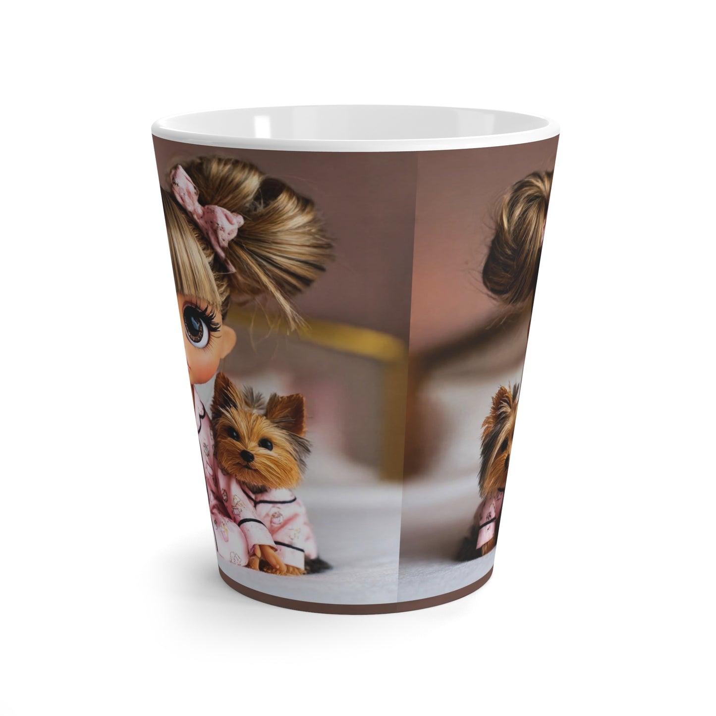 Cute Pajama Girl & Yorkshire Terriers Latte Mug — Cozy Night In Coffee Cup