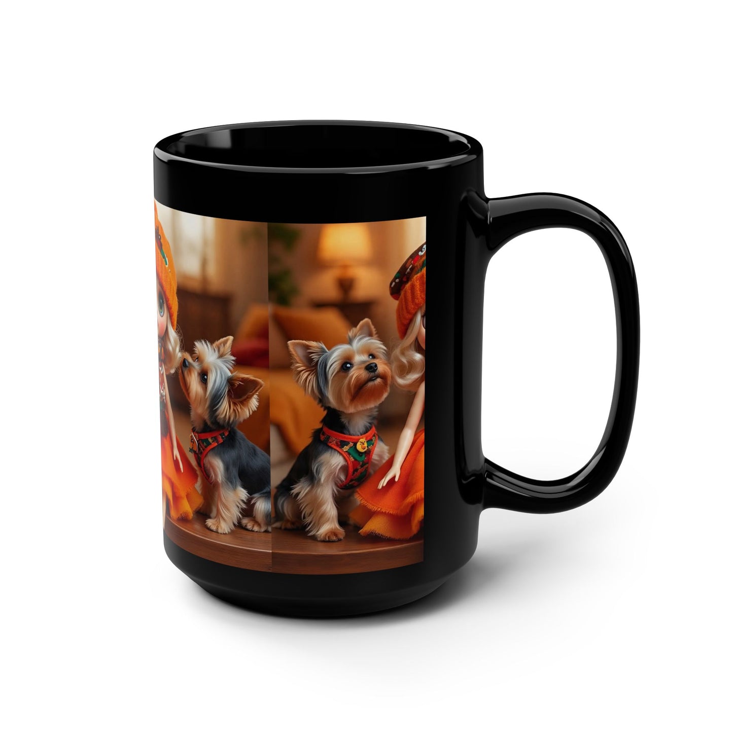 Cute Doll & Yorkies Black 15oz Mug — Cozy Autumn Pet Lover Coffee Cup