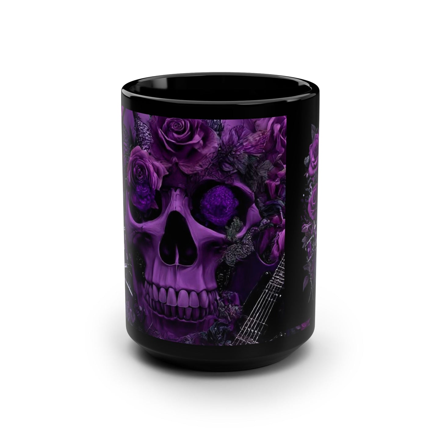 15oz Black Mug — Purple Skull with Roses Coffee Cup