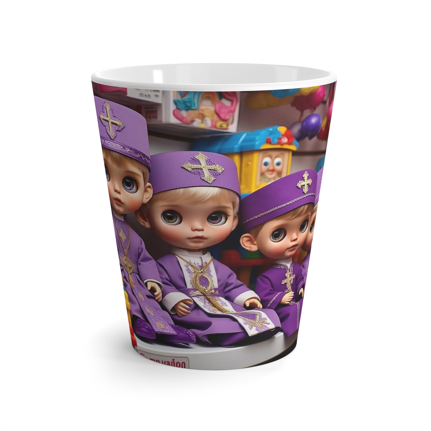 Whimsical Latte Mug with Adorable Doll Design, Cute Gift for Kids, fun collectible, unique kitchen decor, purple bishop dolls, playful [...]