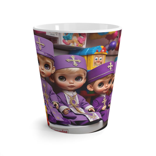 Whimsical Latte Mug with Adorable Doll Design, Cute Gift for Kids, fun collectible, unique kitchen decor, purple bishop dolls, playful [...]