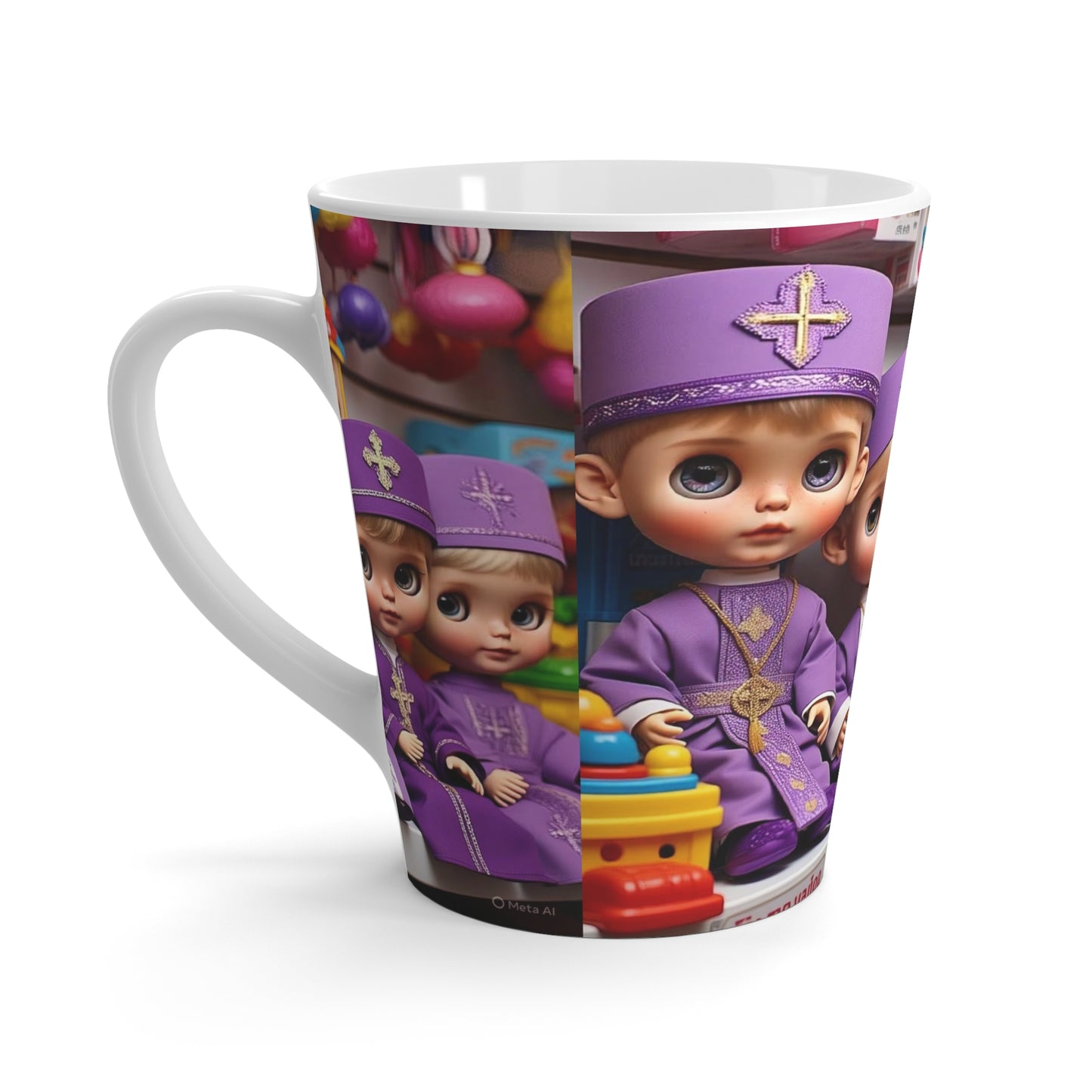Whimsical Latte Mug with Adorable Doll Design, Cute Gift for Kids, fun collectible, unique kitchen decor, purple bishop dolls, playful [...]
