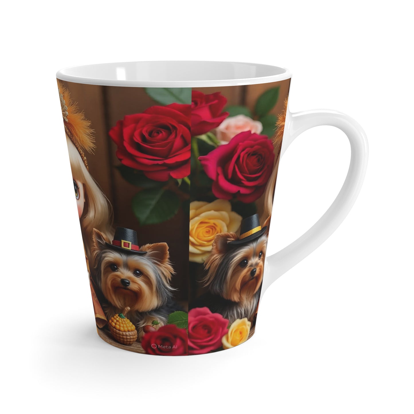 Blythe Girl & Yorkies Latte Mug — Vintage Doll Portrait Coffee Cup