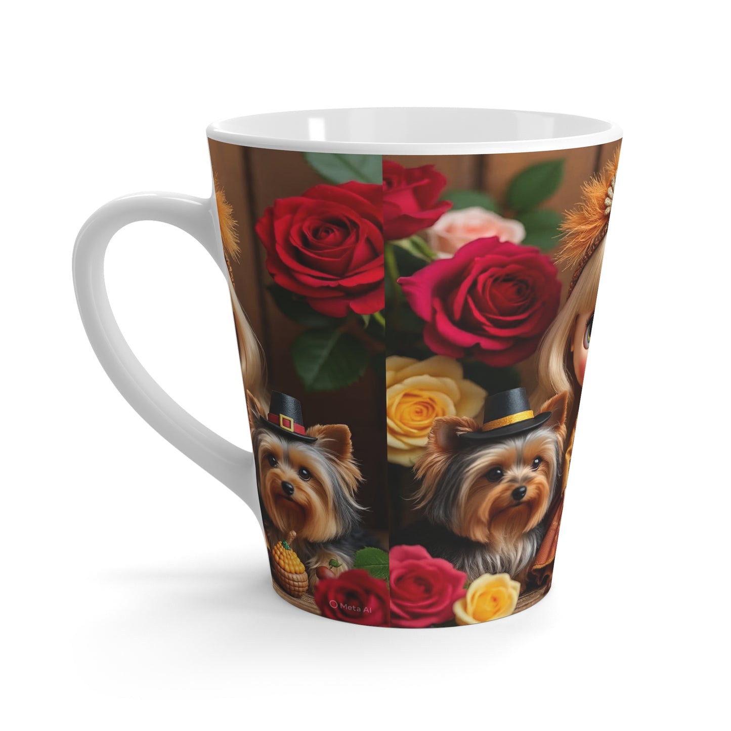 Blythe Girl & Yorkies Latte Mug — Vintage Doll Portrait Coffee Cup