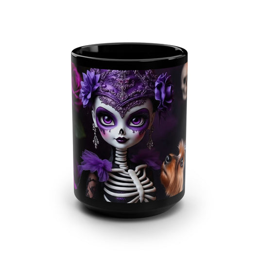 Gothic Floral Black Mug, 15oz Coffee Cup with Day of the Dead Design, Perfect Gift for Halloween, Pet Lovers, and Home Decor