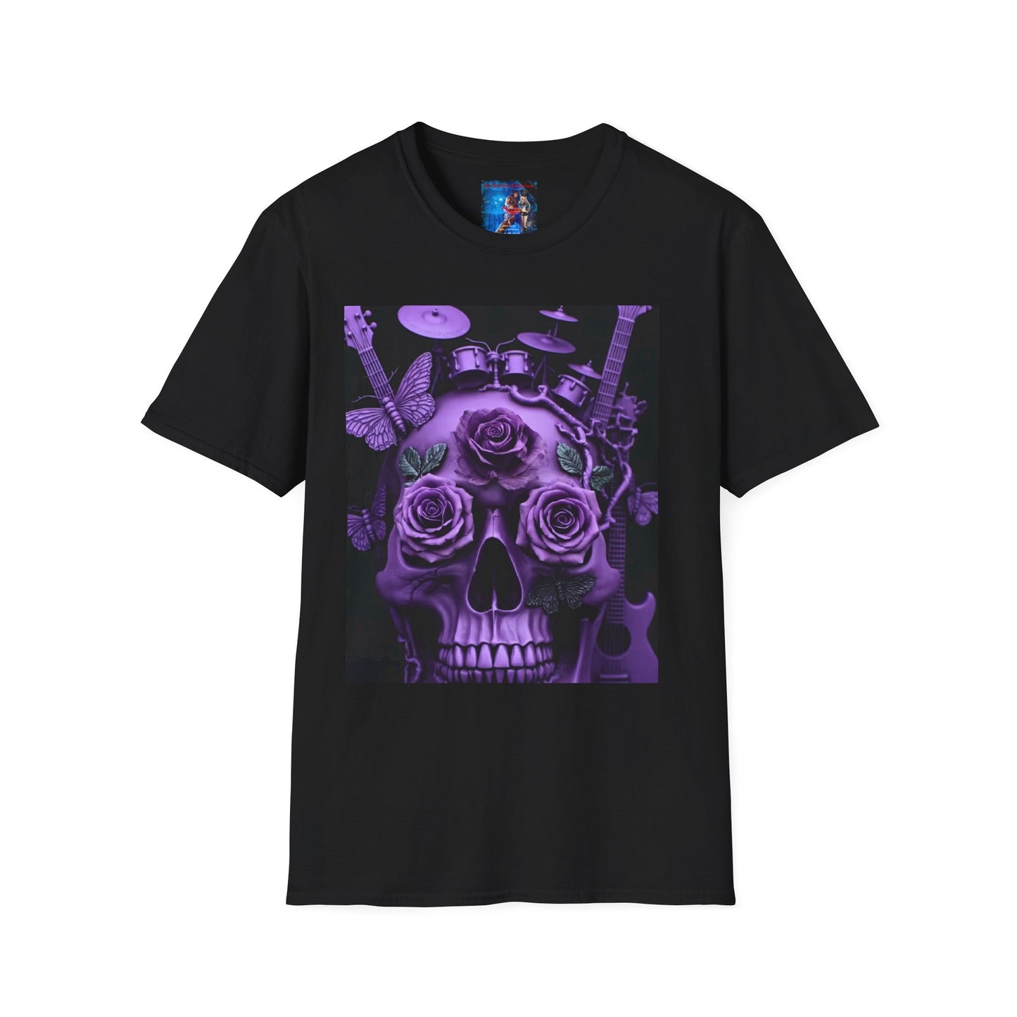 Skull & Roses Graphic Tee — Purple Rock Music Skull Back Print T-Shirt