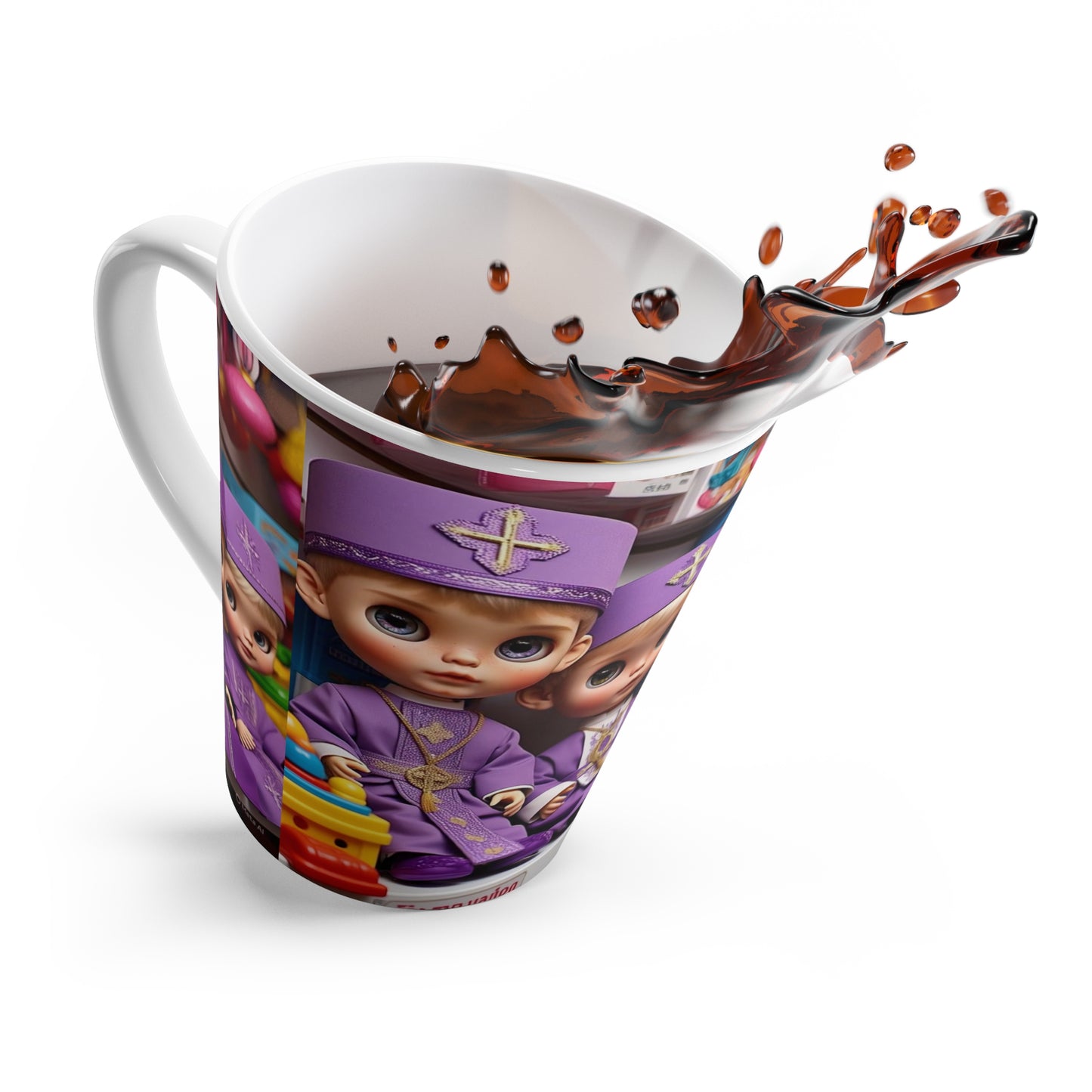 Whimsical Latte Mug with Adorable Doll Design, Cute Gift for Kids, fun collectible, unique kitchen decor, purple bishop dolls, playful [...]