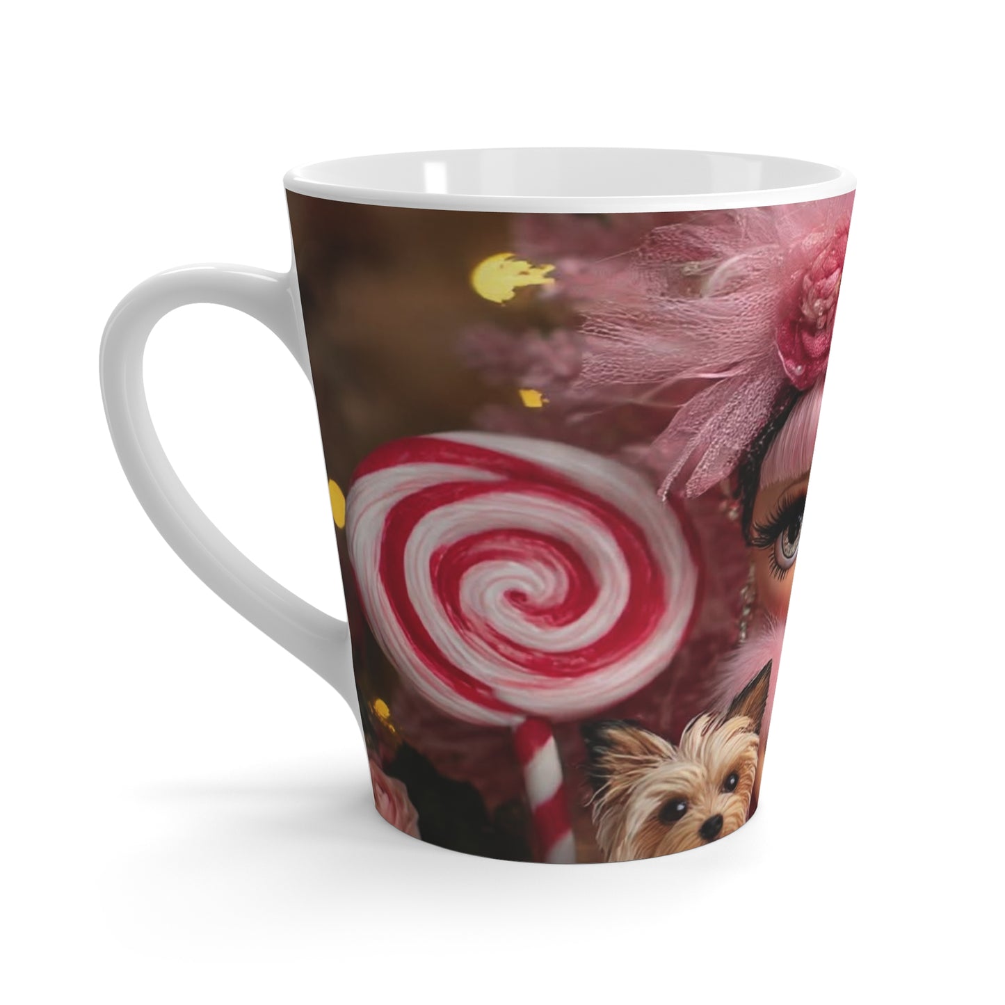 Latte Mug — Pink Doll Art Latte Mug with Lollipop & Puppy Illustration
