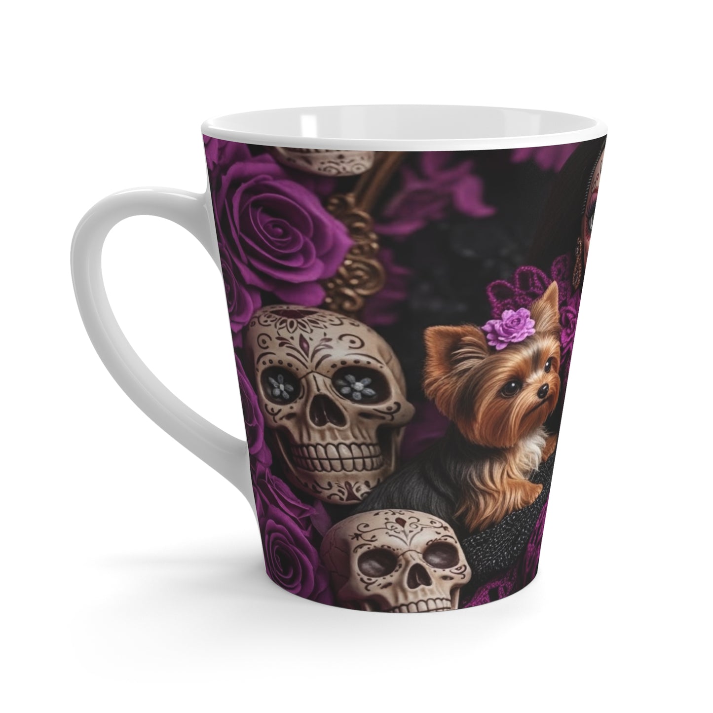 Day of the Dead Latte Mug — Sugar Skull Girl with Yorkies & Purple Roses