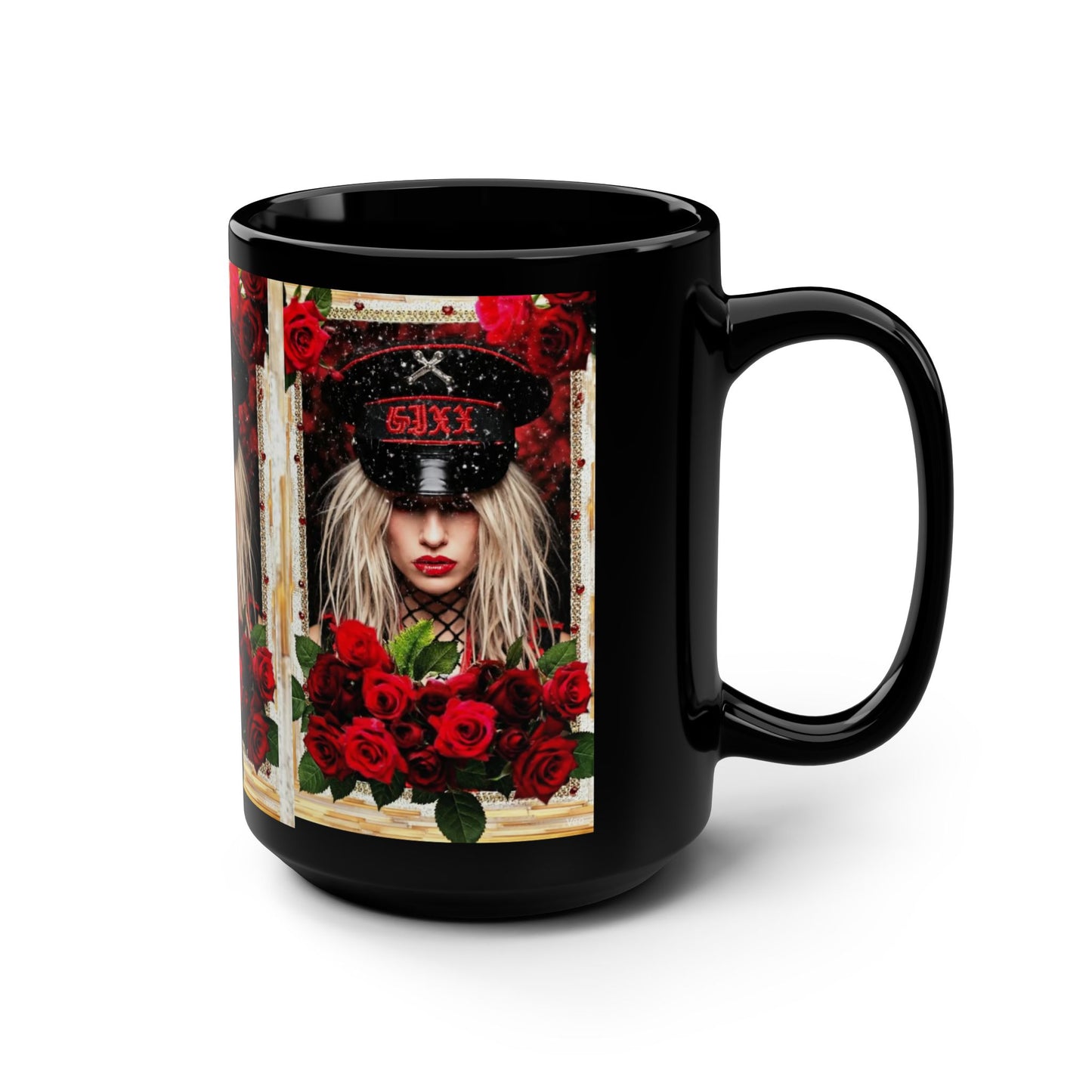 15oz Black Mug — Gothic Rose Portrait Coffee Cup