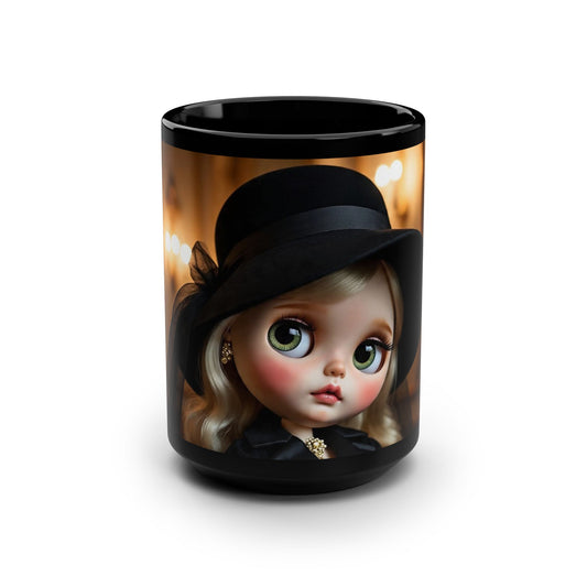 Charming Black Mug with Vintage Doll Design, Unique Coffee Mug, Gift for Doll Lovers, Stylish Tea Mug, Home Decor