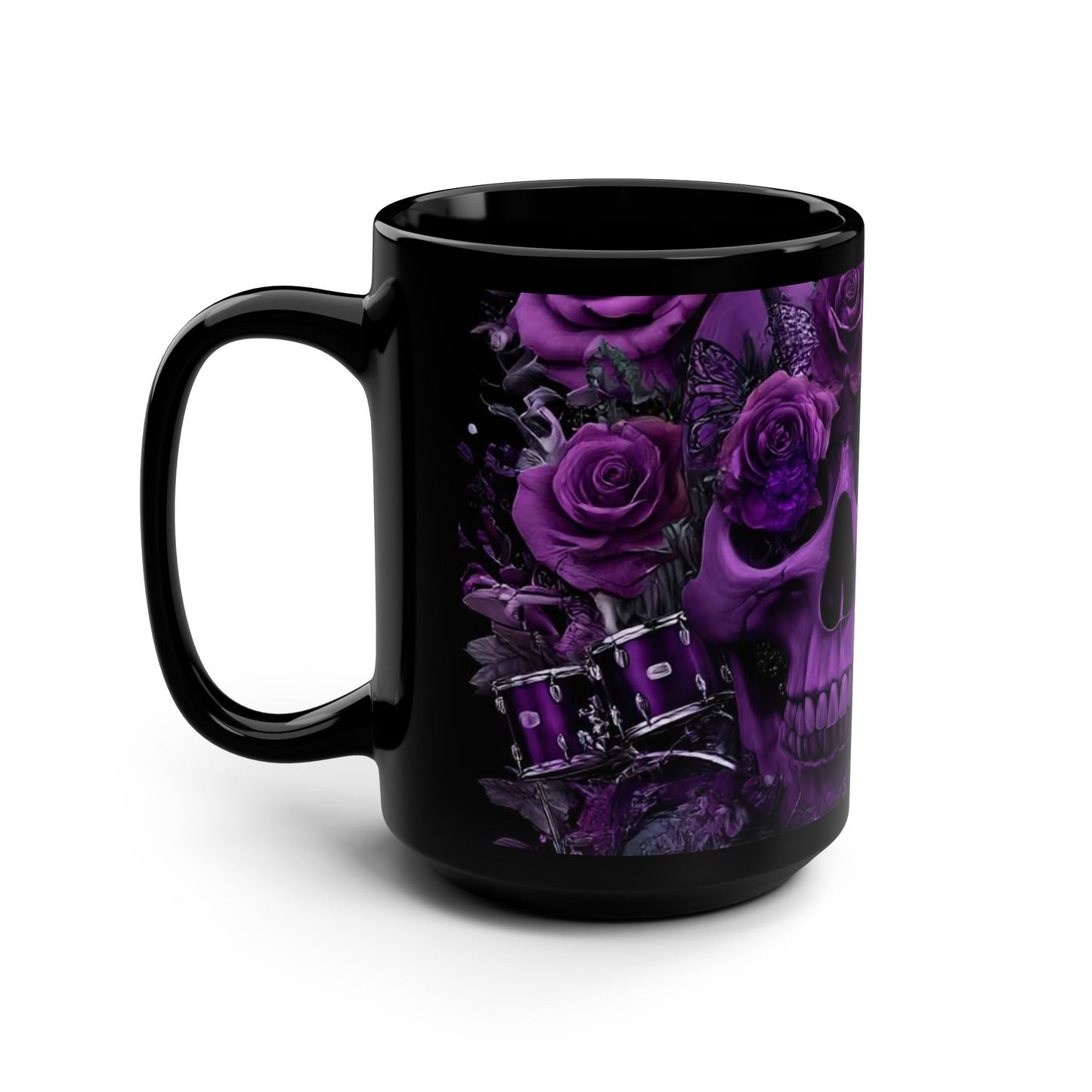 15oz Black Mug — Purple Skull with Roses Coffee Cup